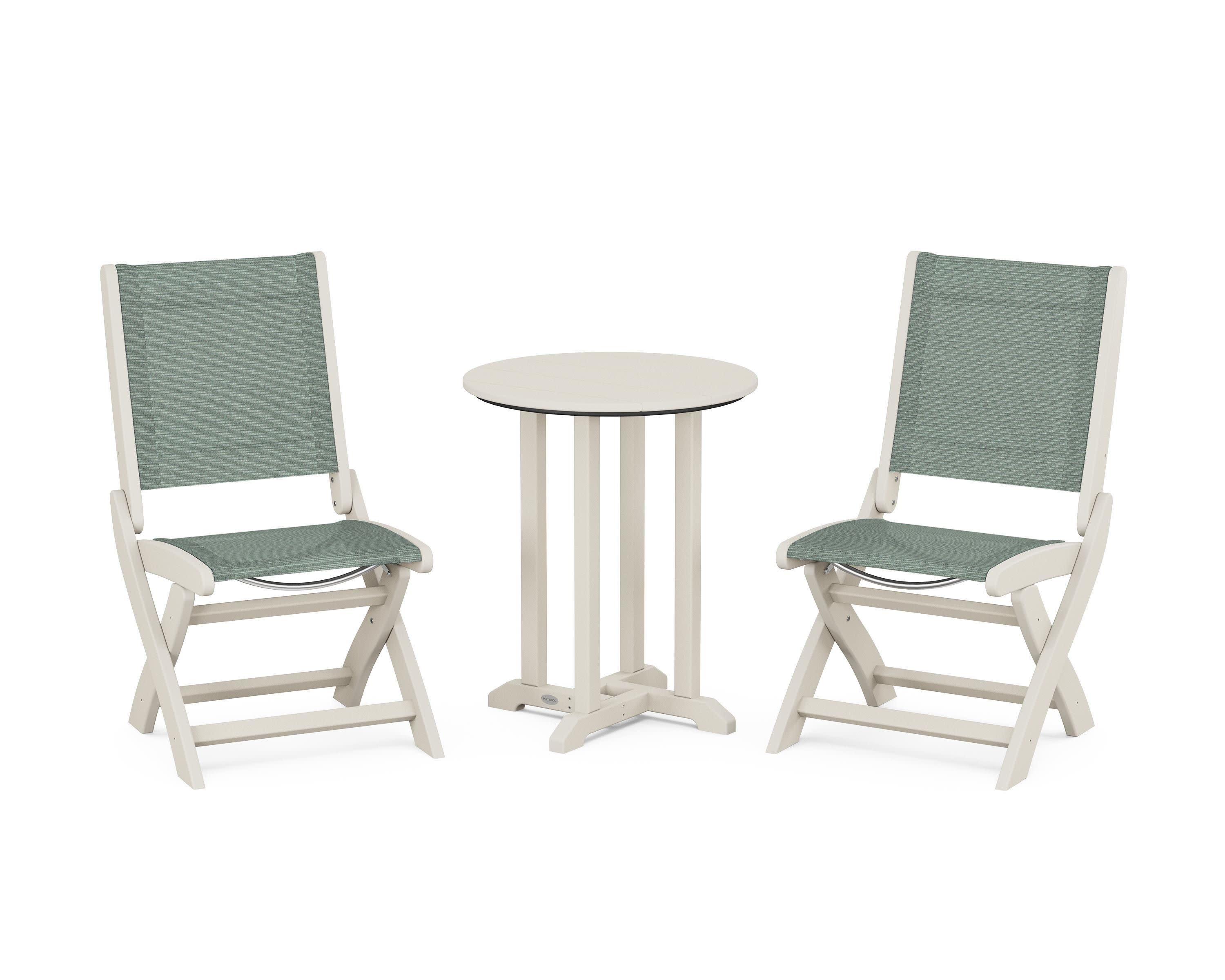 Coastal Folding Side Chair 3-Piece Round Bistro Dining Set in Sand / Dupioni Sea Mist Sling