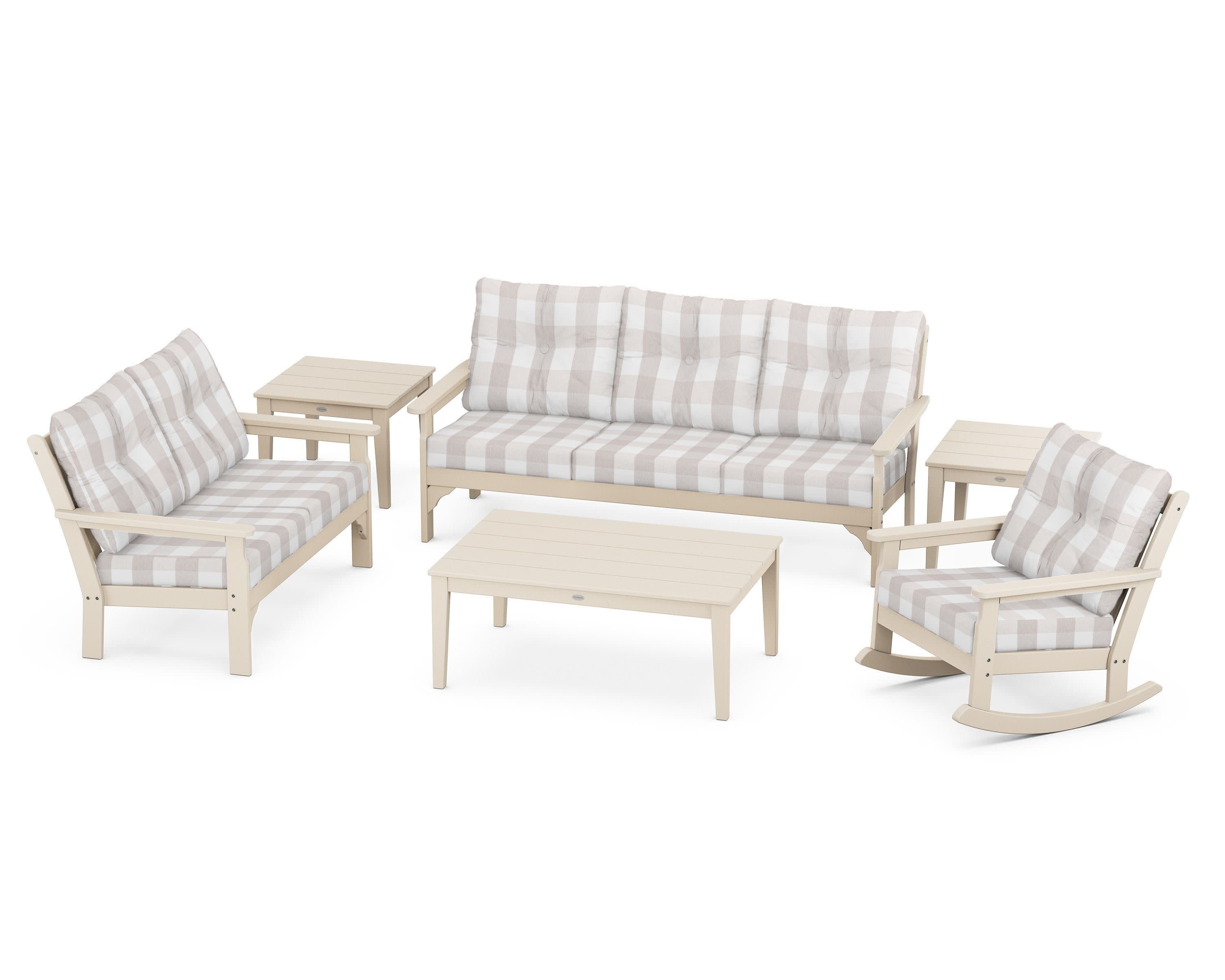 Vineyard 6-Piece Deep Seating Set in Sand / Buffalo Plaid Dune Burlap