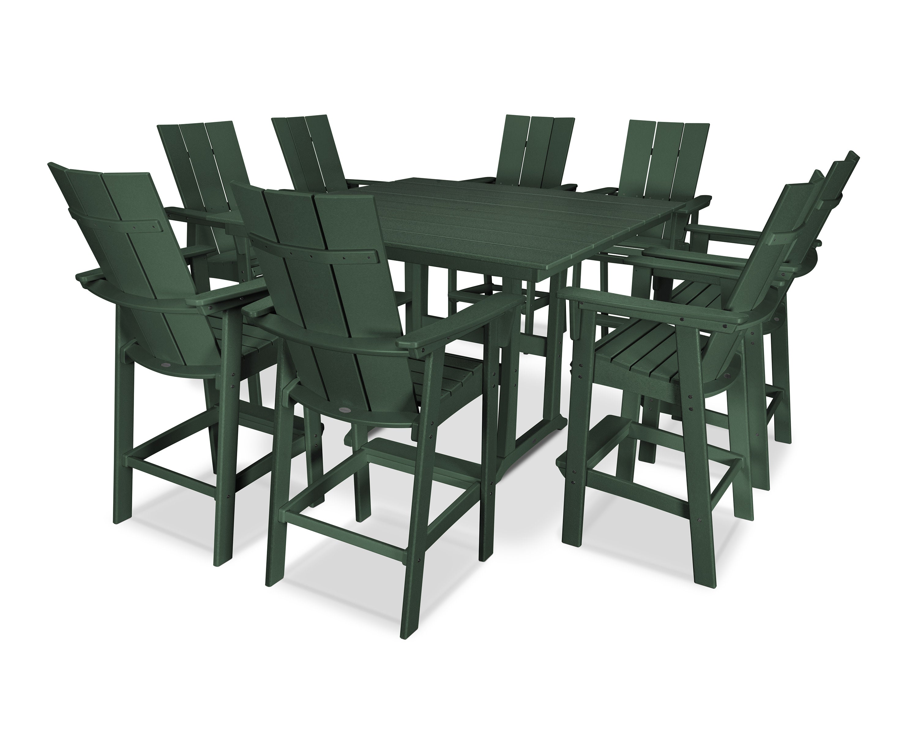 Modern Curveback Adirondack 9-Piece Farmhouse Trestle Bar Set in Green