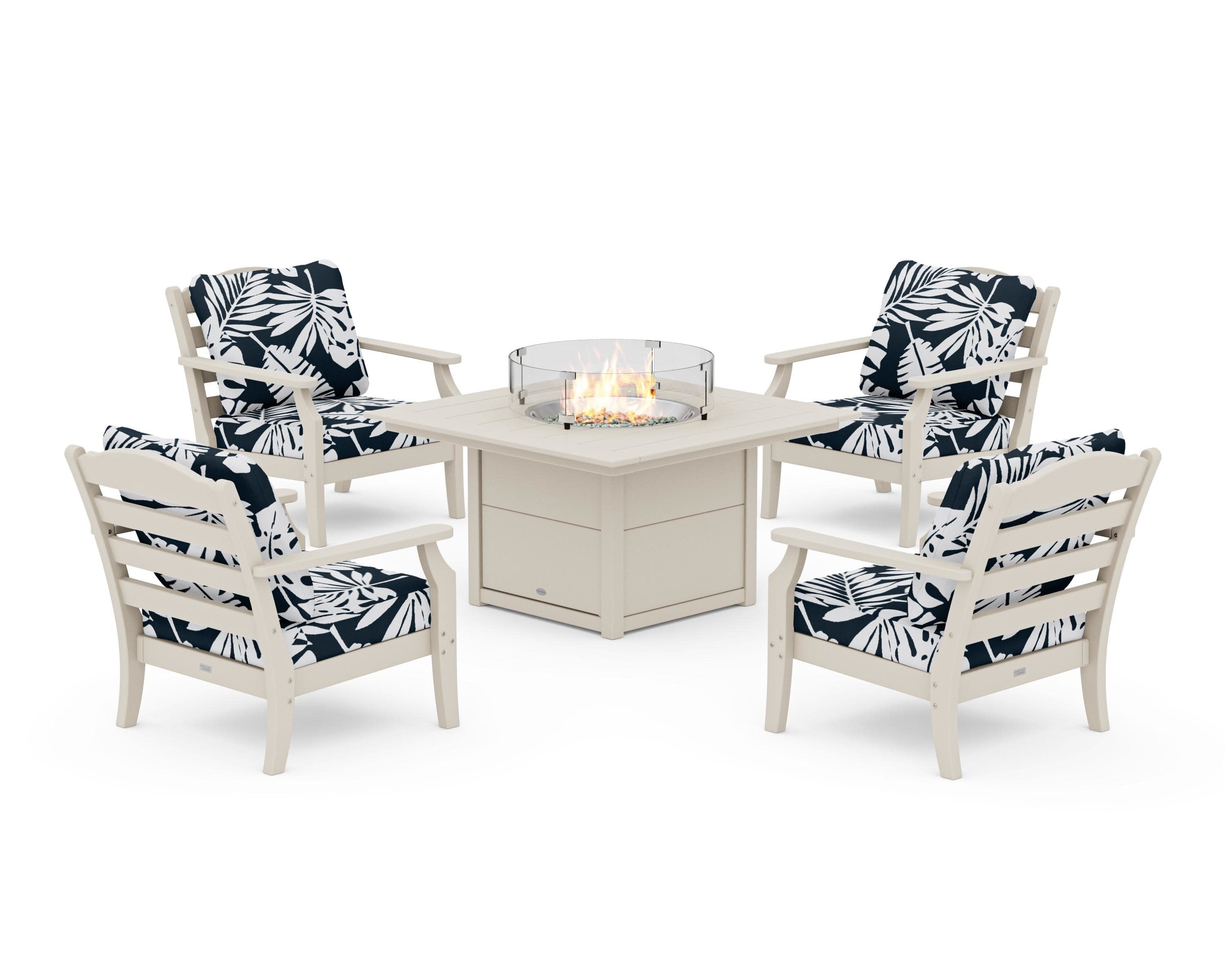 Savannah 5-Piece Deep Seating Set with Fire Pit Table in Sand / Leaf Marine Indigo