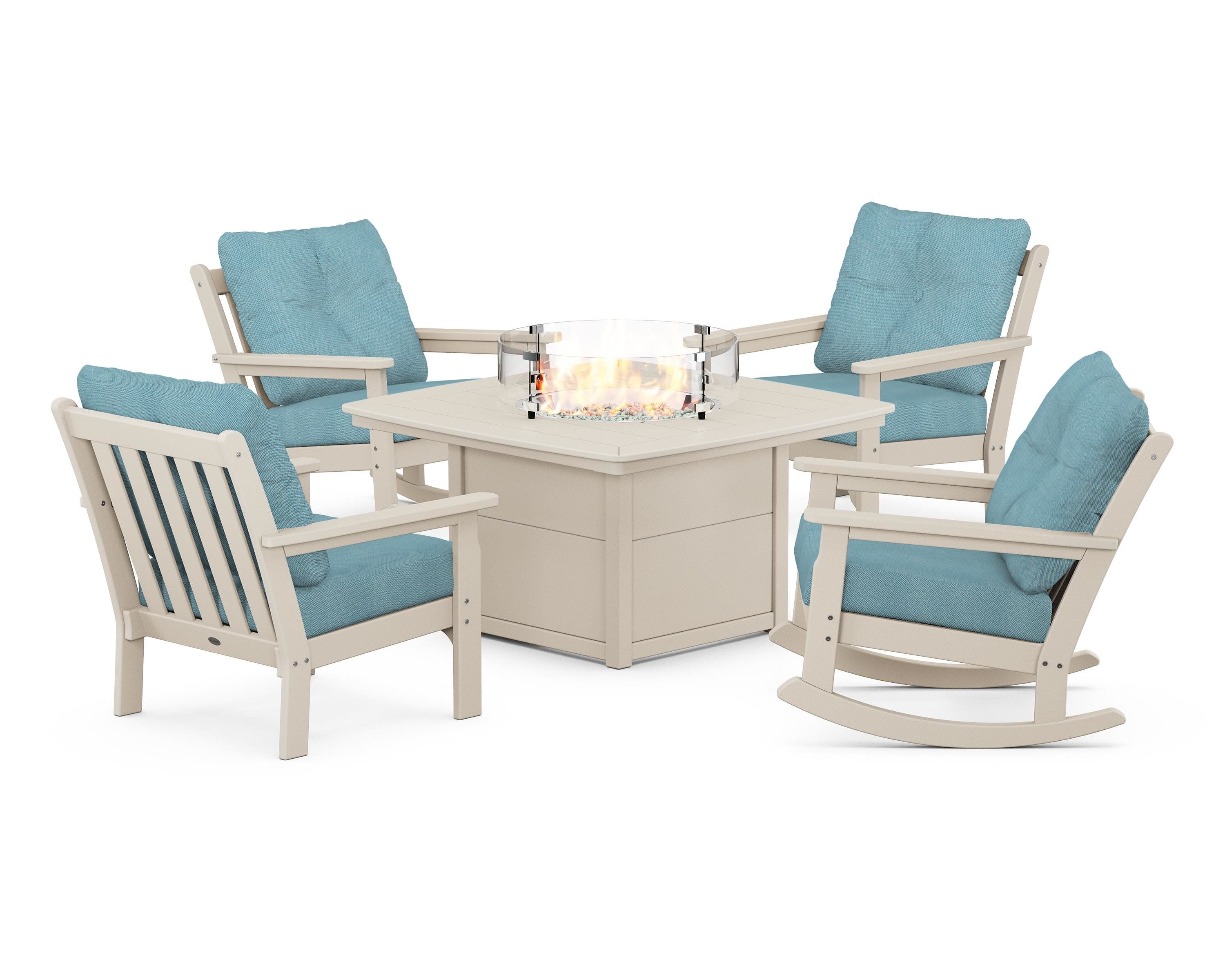 Vineyard 5-Piece Deep Seating Rocking Chair Conversation Set with Fire Pit Table in Sand / Lattice Sky Blue