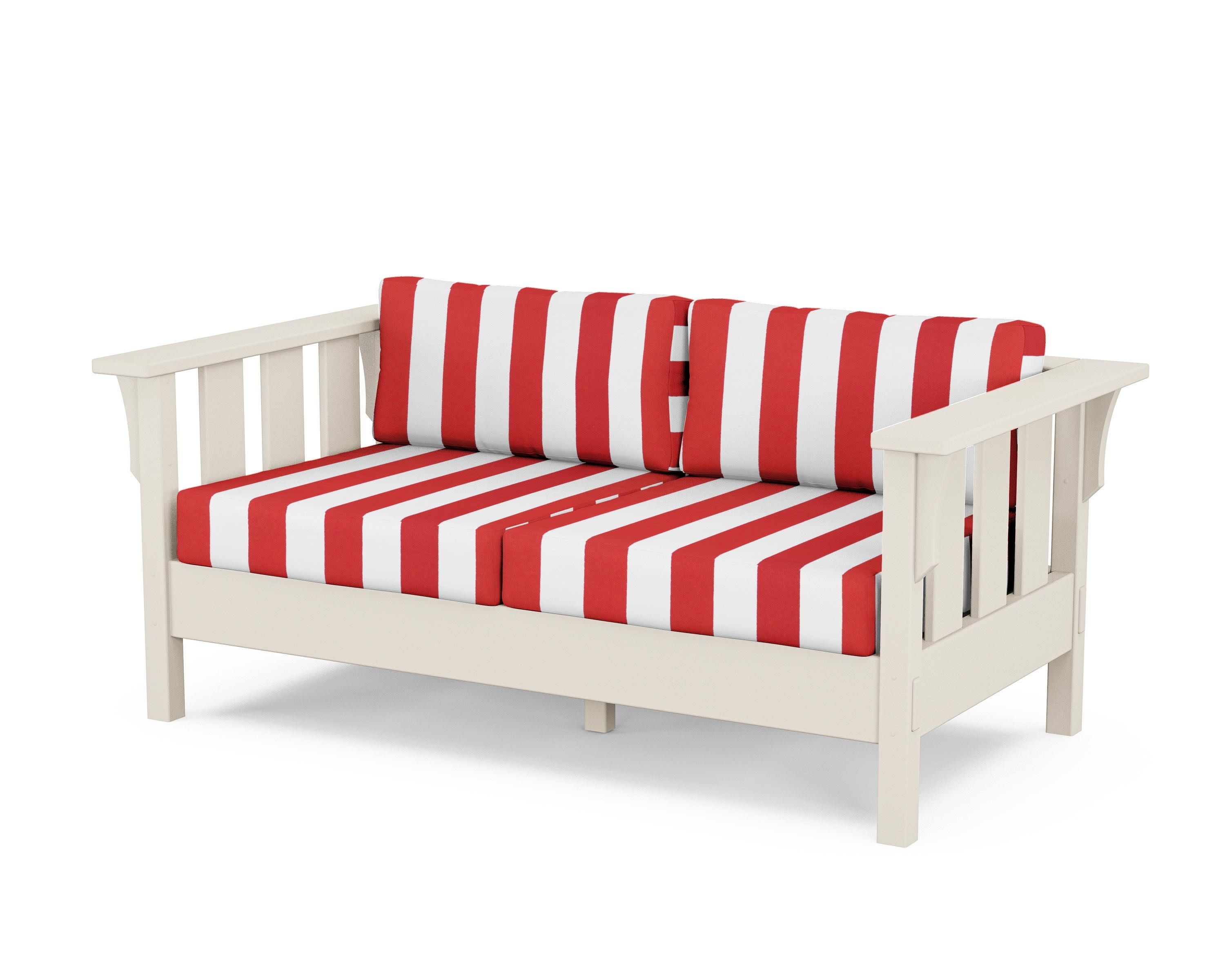 Acadia Deep Seating Loveseat in Sand / Cabana Stripe Crimson