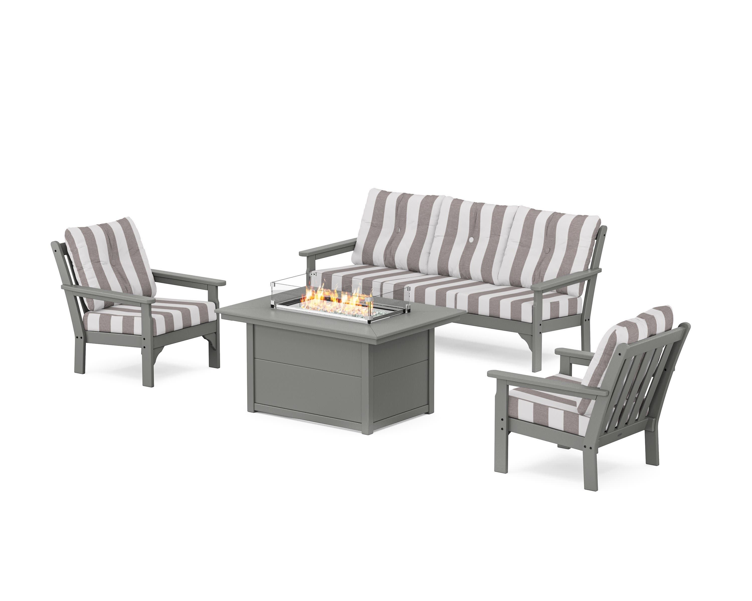 Vineyard Deep Seating Fire Pit Table Set in Slate Grey / Cabana Stripe Grey Mist