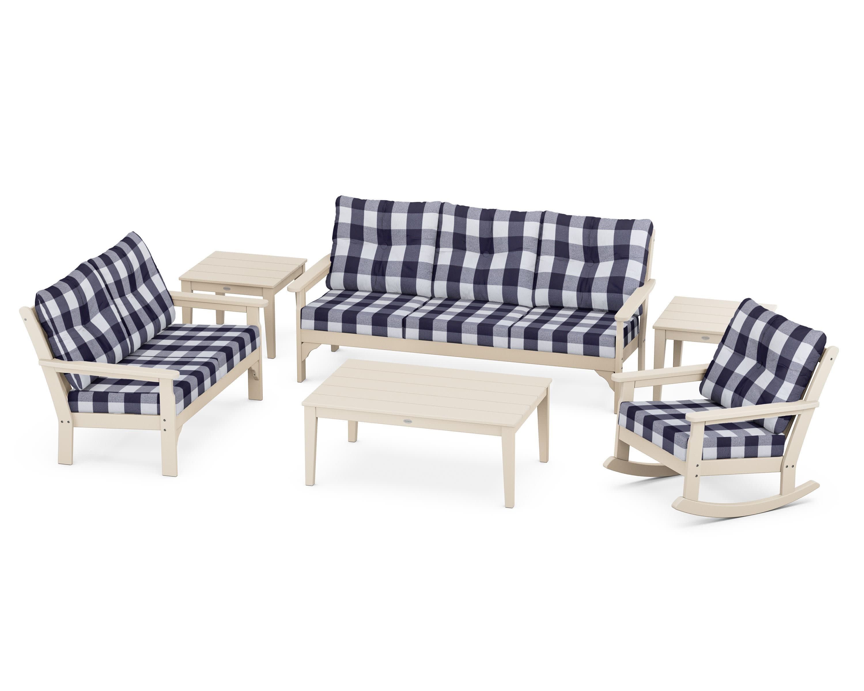 Vineyard 6-Piece Deep Seating Set in Sand / Buffalo Plaid Navy