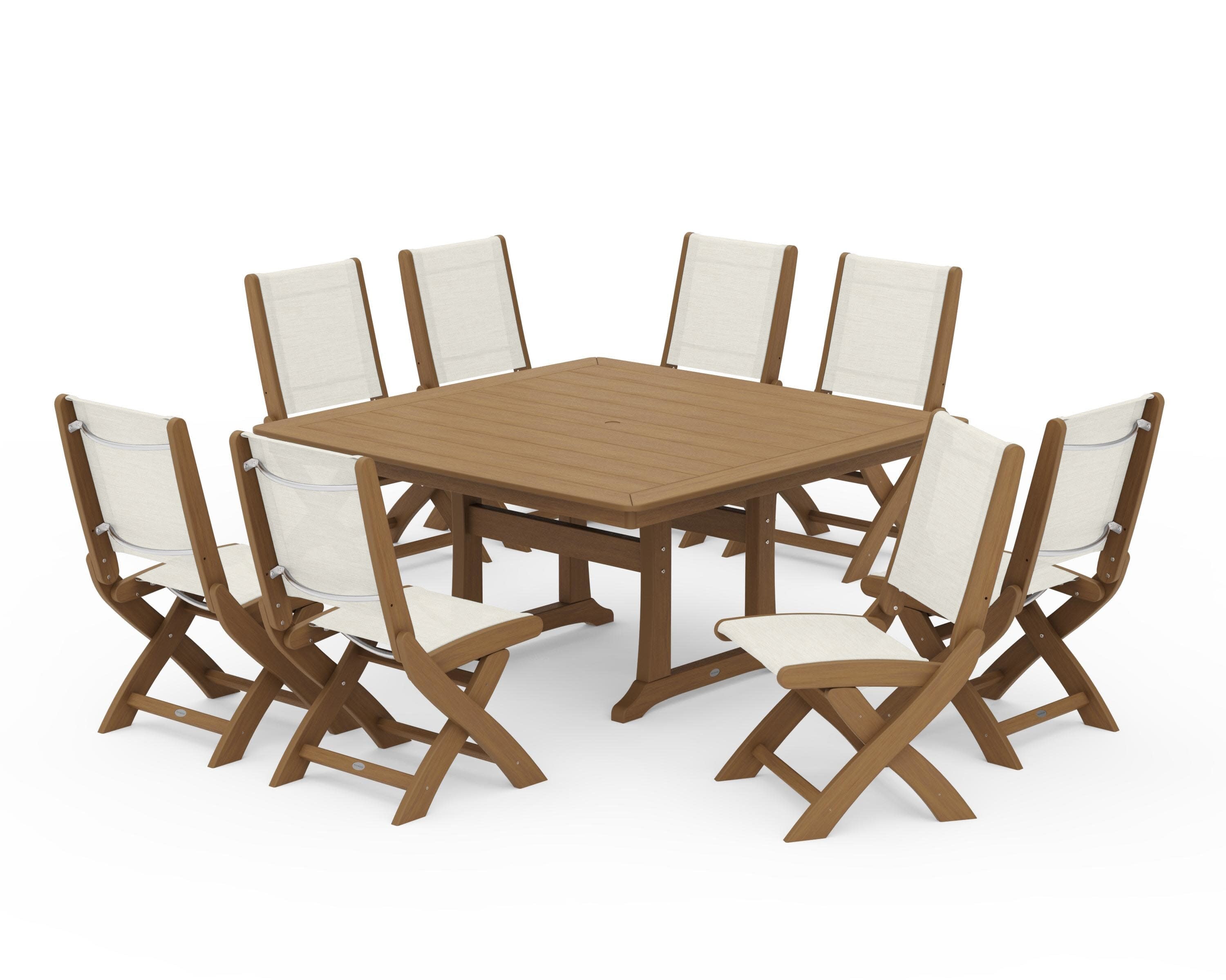 Coastal Folding Side Chair 9-Piece Dining Set with Trestle Legs in Natural / Parchment Sling