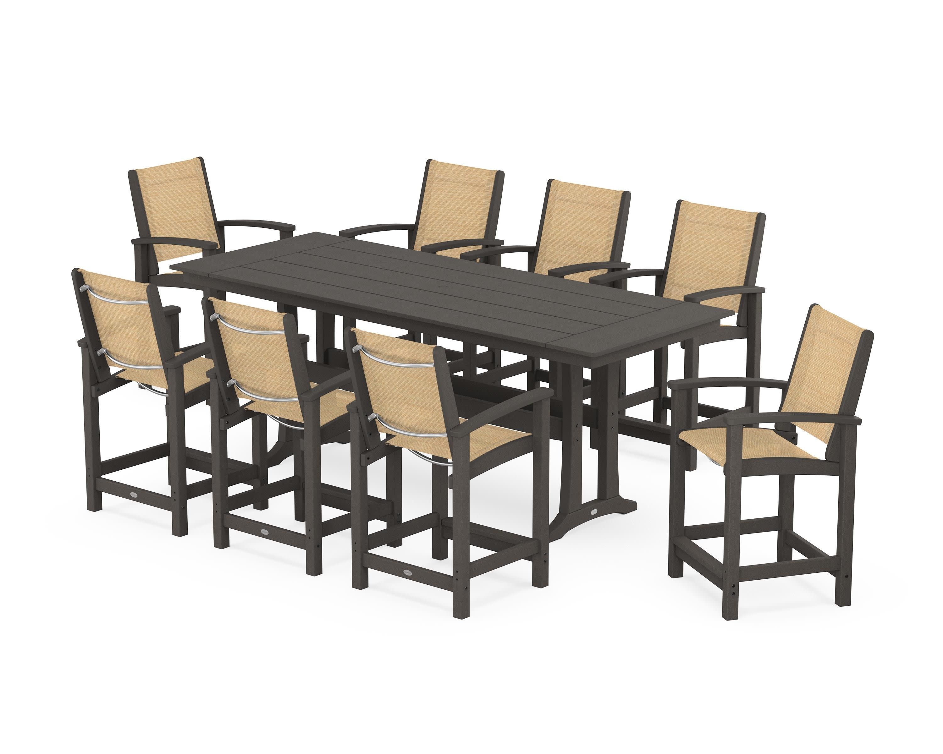 Coastal 9-Piece Farmhouse Counter Set with Trestle Legs in Vintage Coffee / Dupioni Apricot Sling