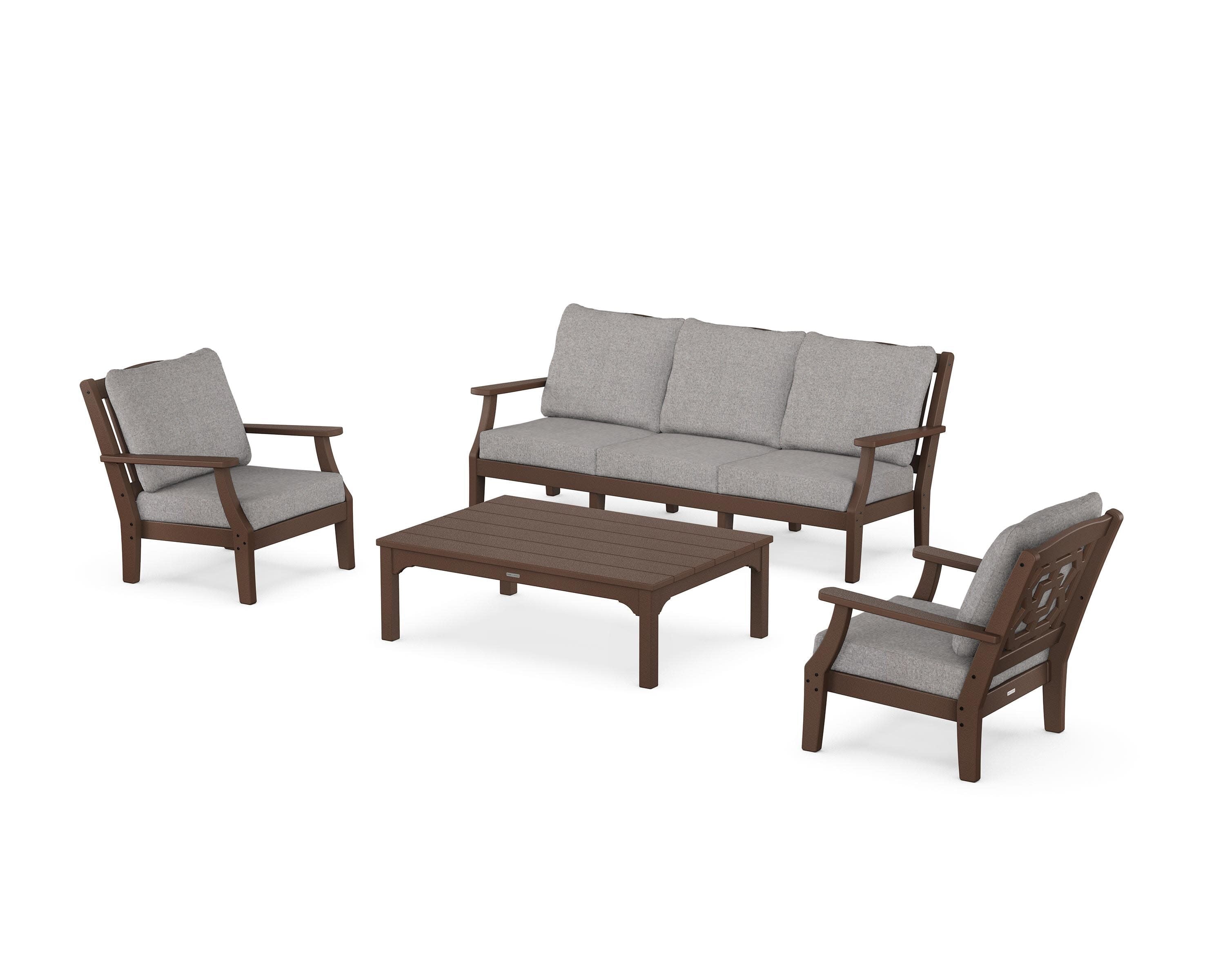 Chinoiserie 4-Piece Deep Seating Set with Sofa in Mahogany / Grey Mist