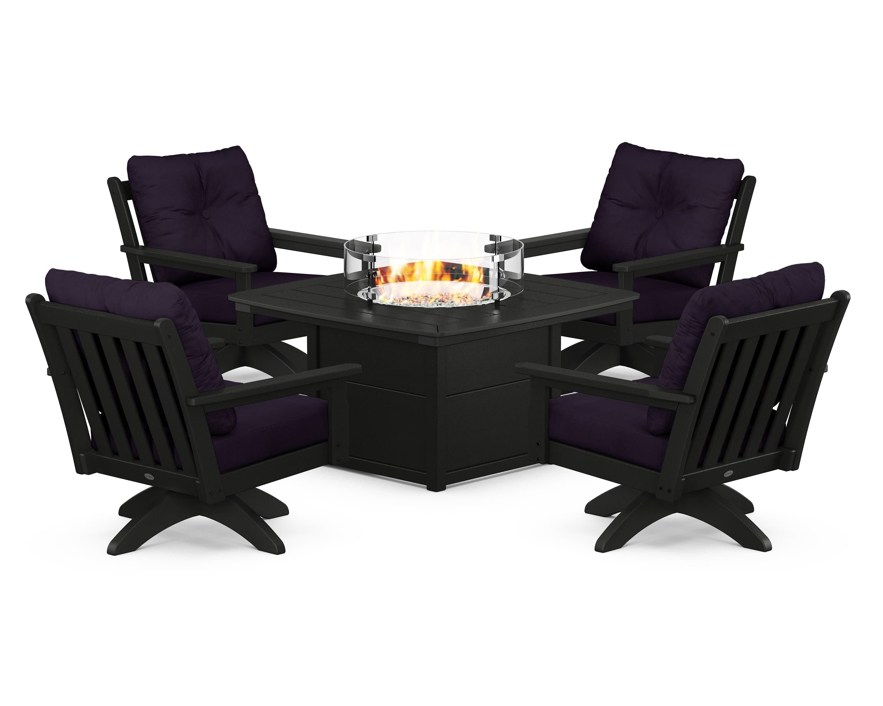 Vineyard 5-Piece Deep Seating Swivel Conversation Set with Fire Pit Table in Black / Navy Linen