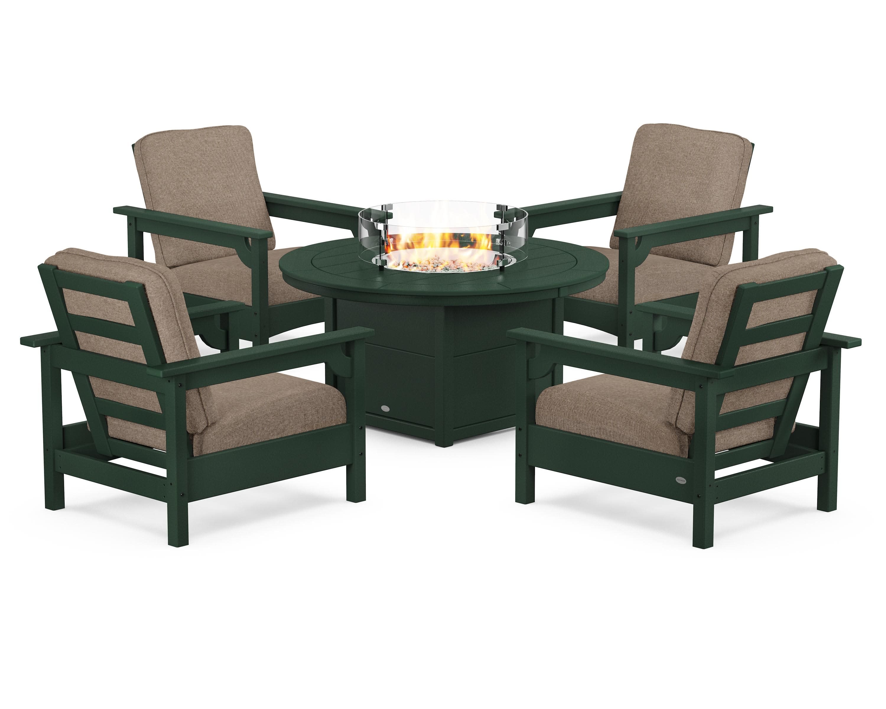Club 5-Piece Conversation Set with Fire Pit Table in Green / Spiced Burlap