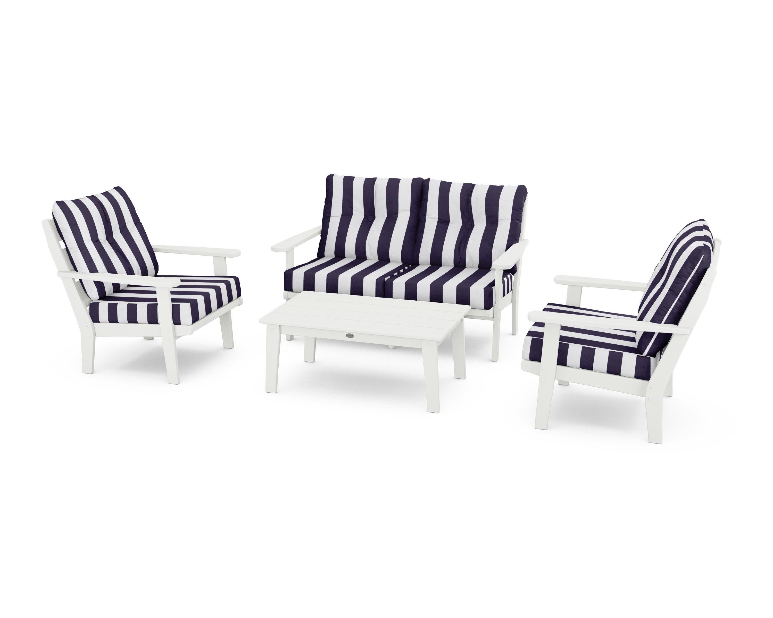 Lakeside 4-Piece Deep Seating Set in Vintage White / Cabana Stripe Navy