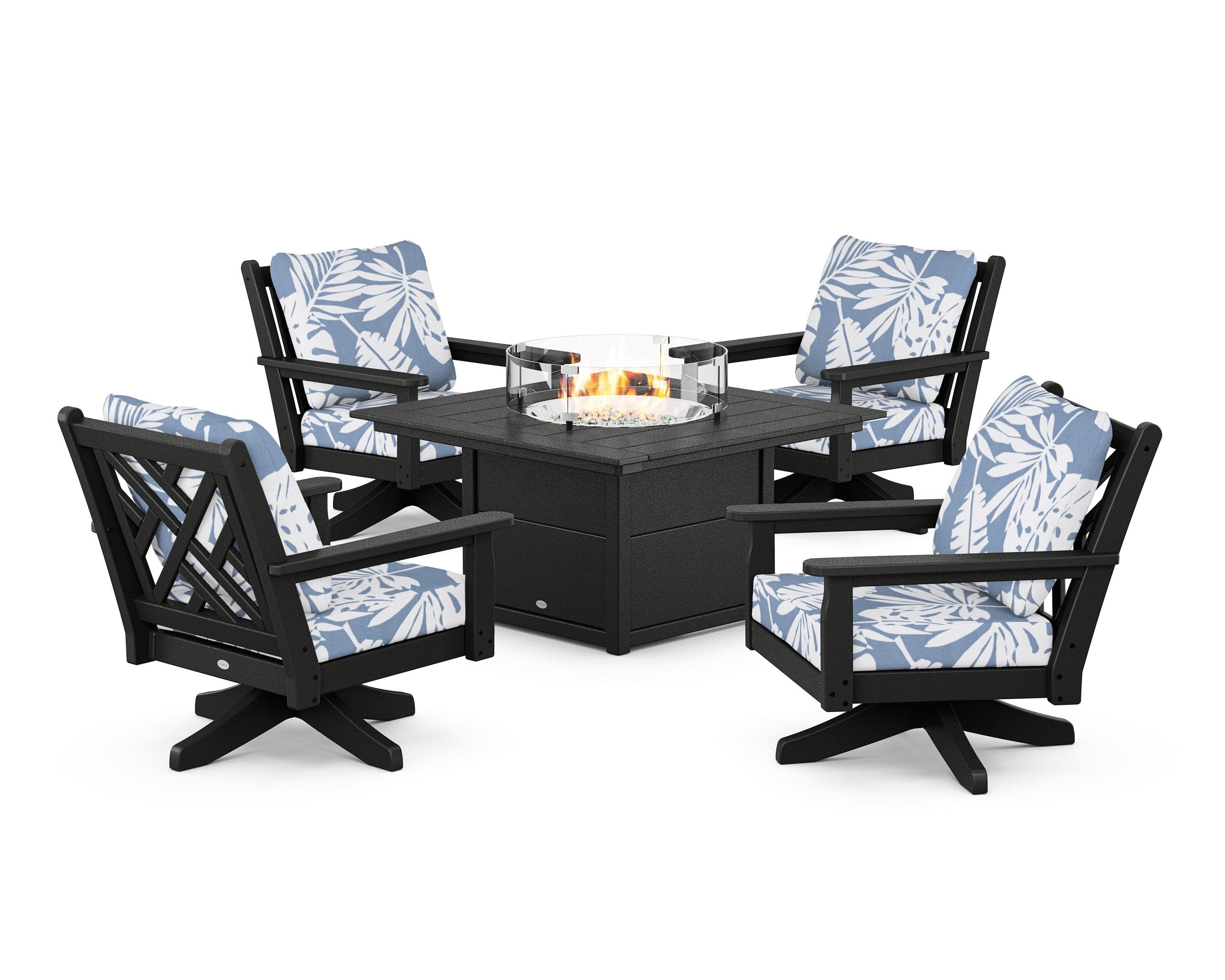 Chippendale 5-Piece Deep Seating Swivel Conversation Set with Fire Pit Table in Black / Leaf Sky Blue