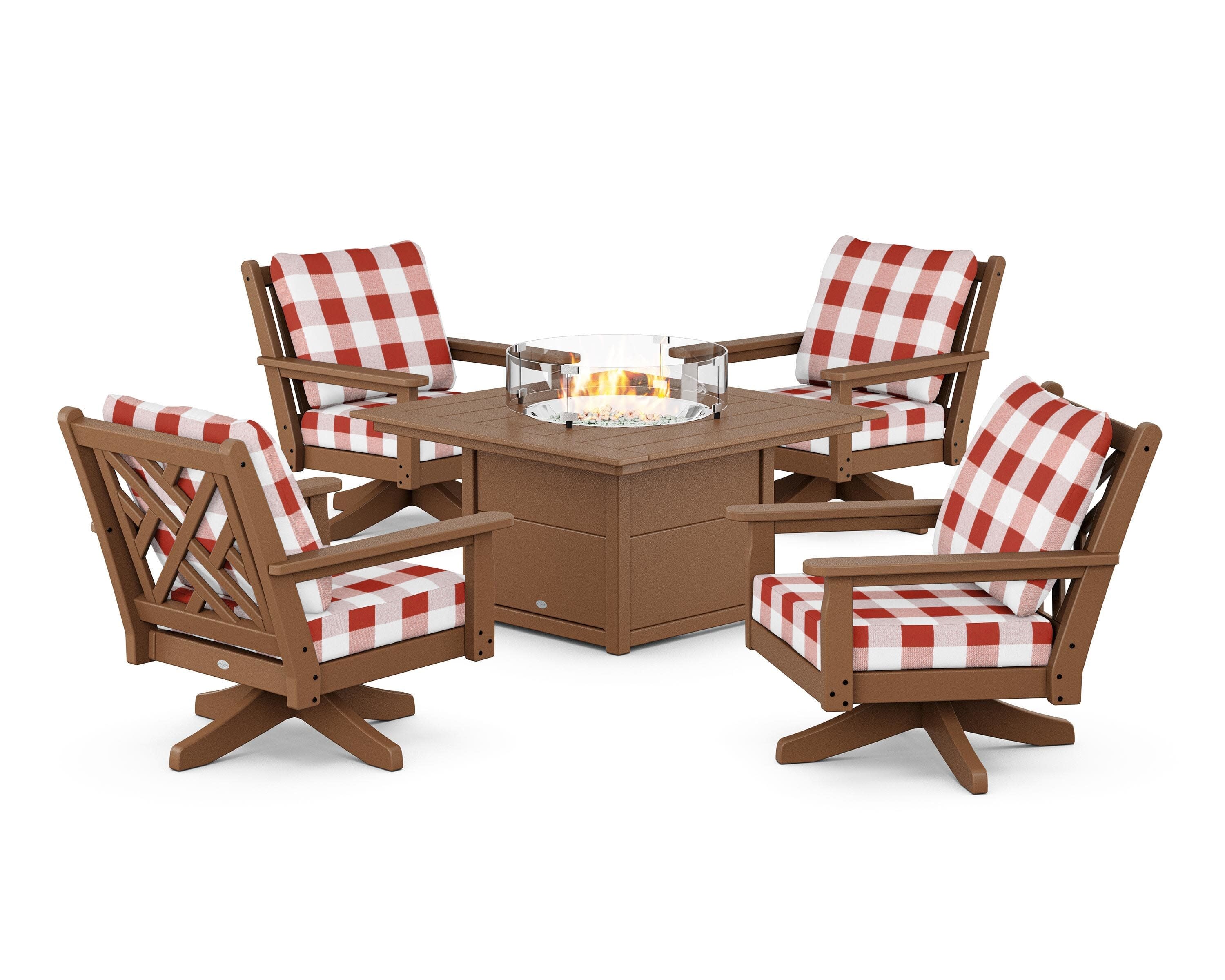 Chippendale 5-Piece Deep Seating Swivel Conversation Set with Fire Pit Table in Teak / Buffalo Plaid Crimson