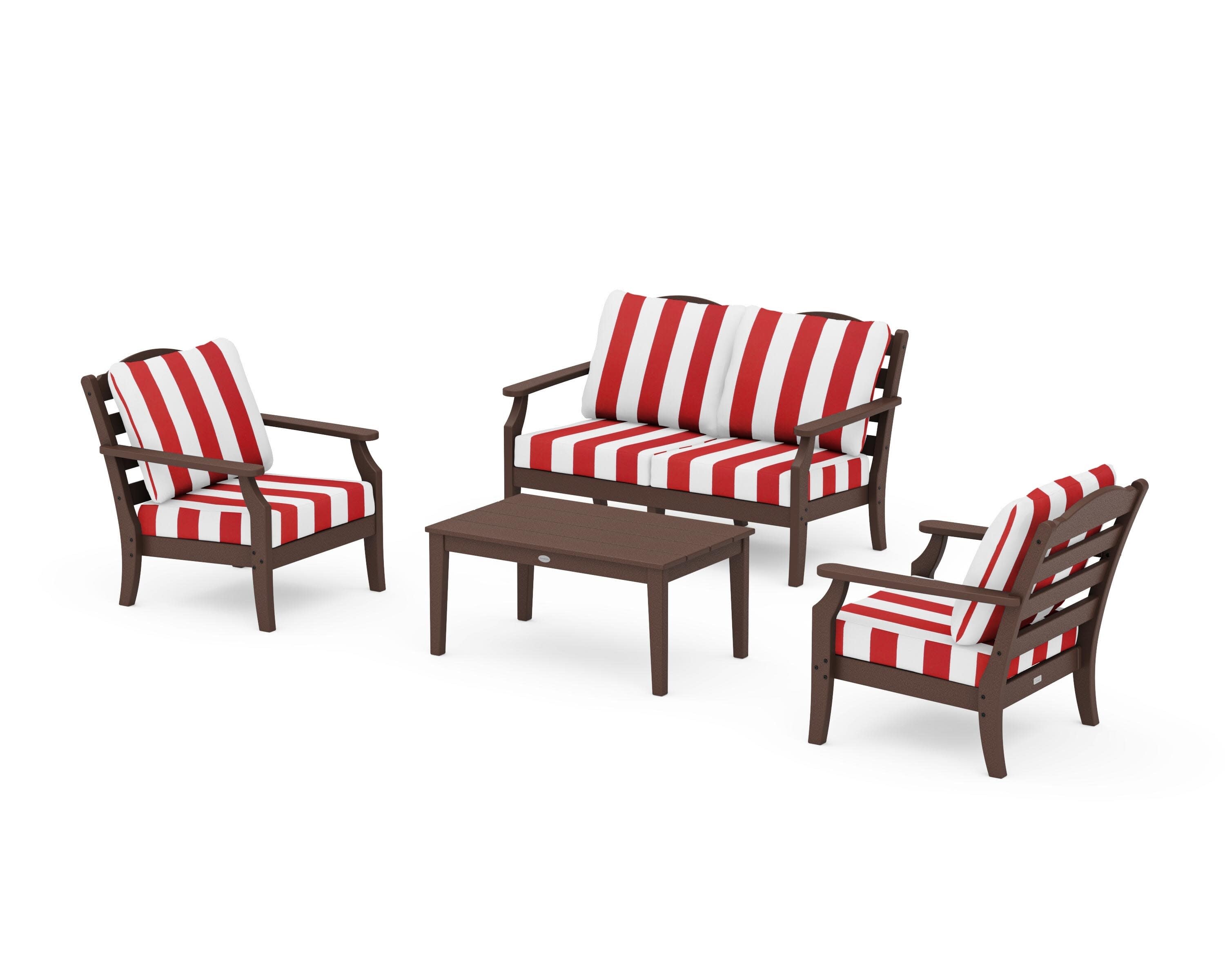 Savannah 4-Piece Deep Seating Set with Loveseat in Mahogany / Cabana Stripe Crimson