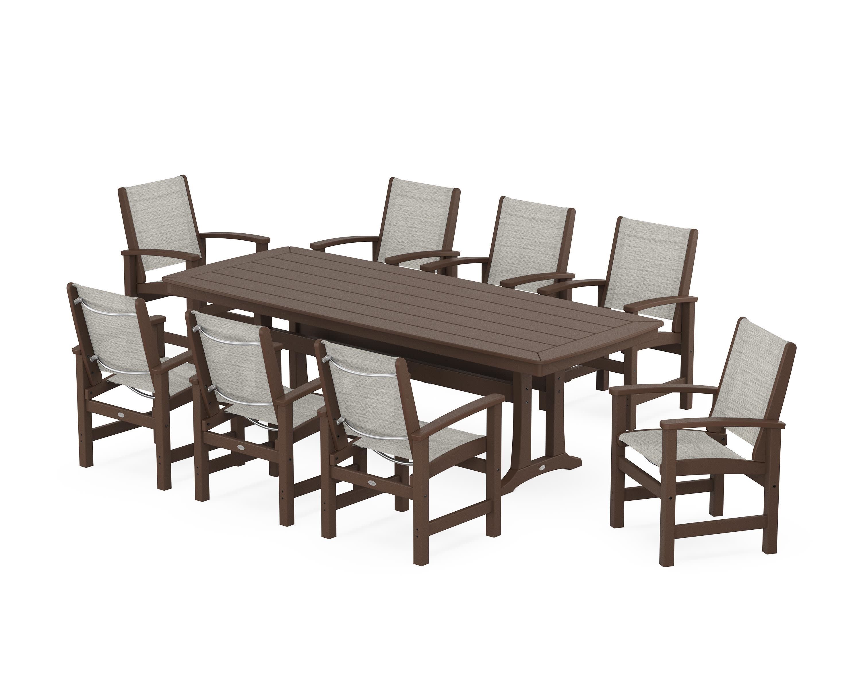 Coastal 9-Piece Dining Set with Trestle Legs in Mahogany / Birch Sling