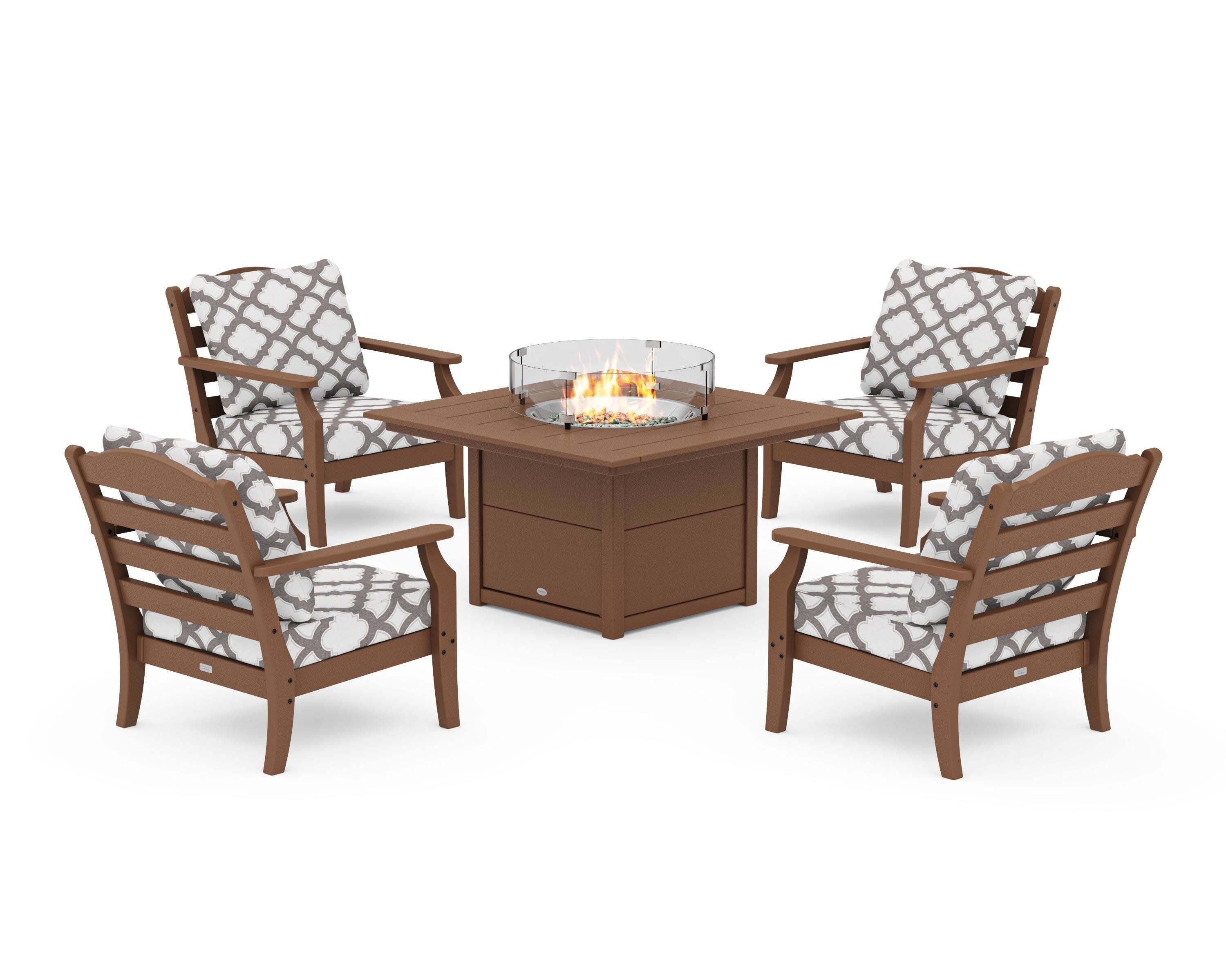 Savannah 5-Piece Deep Seating Set with Fire Pit Table in Teak / Trellis Grey Mist
