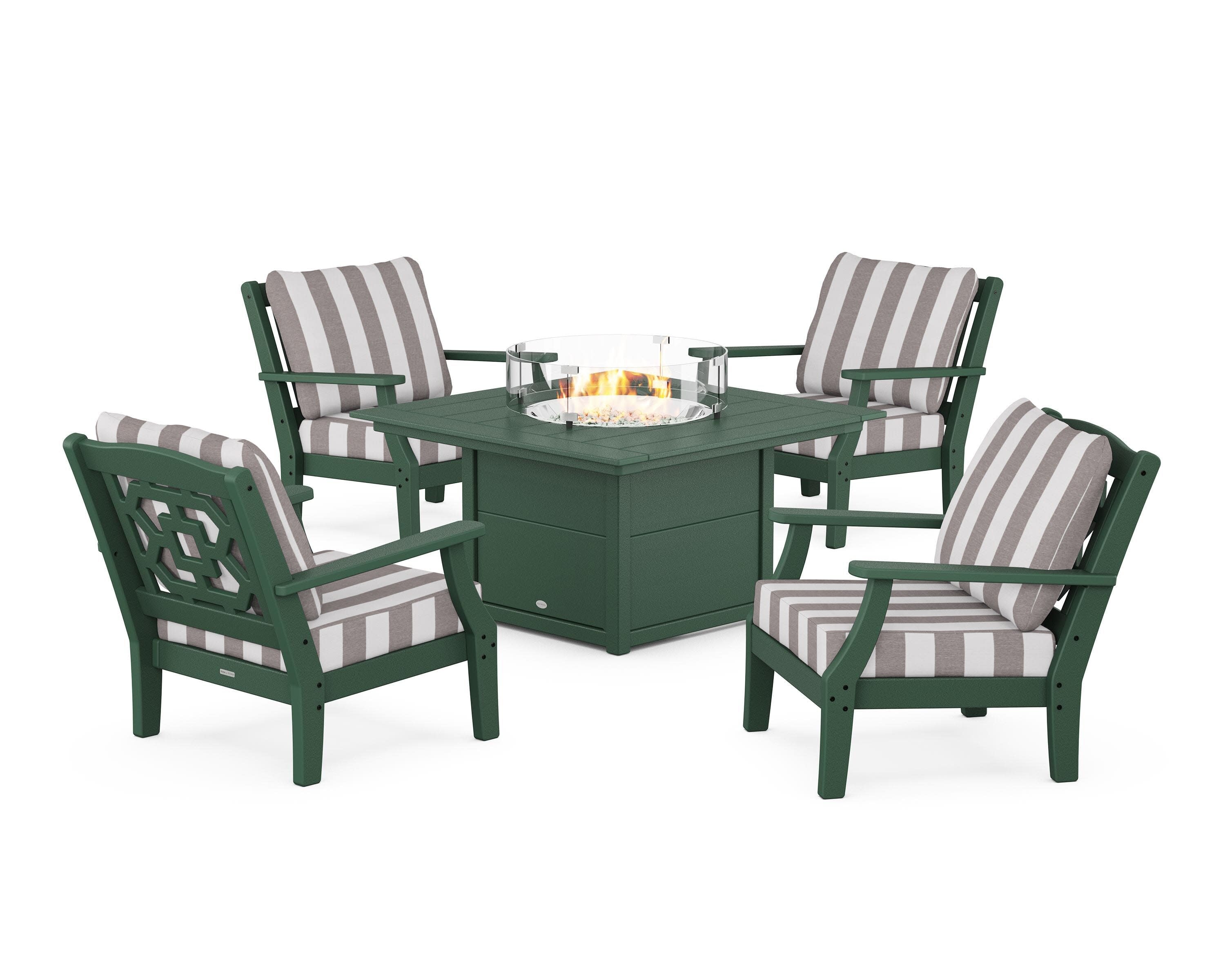 Chinoiserie 5-Piece Deep Seating Set with Fire Pit Table in Green / Cabana Stripe Grey Mist