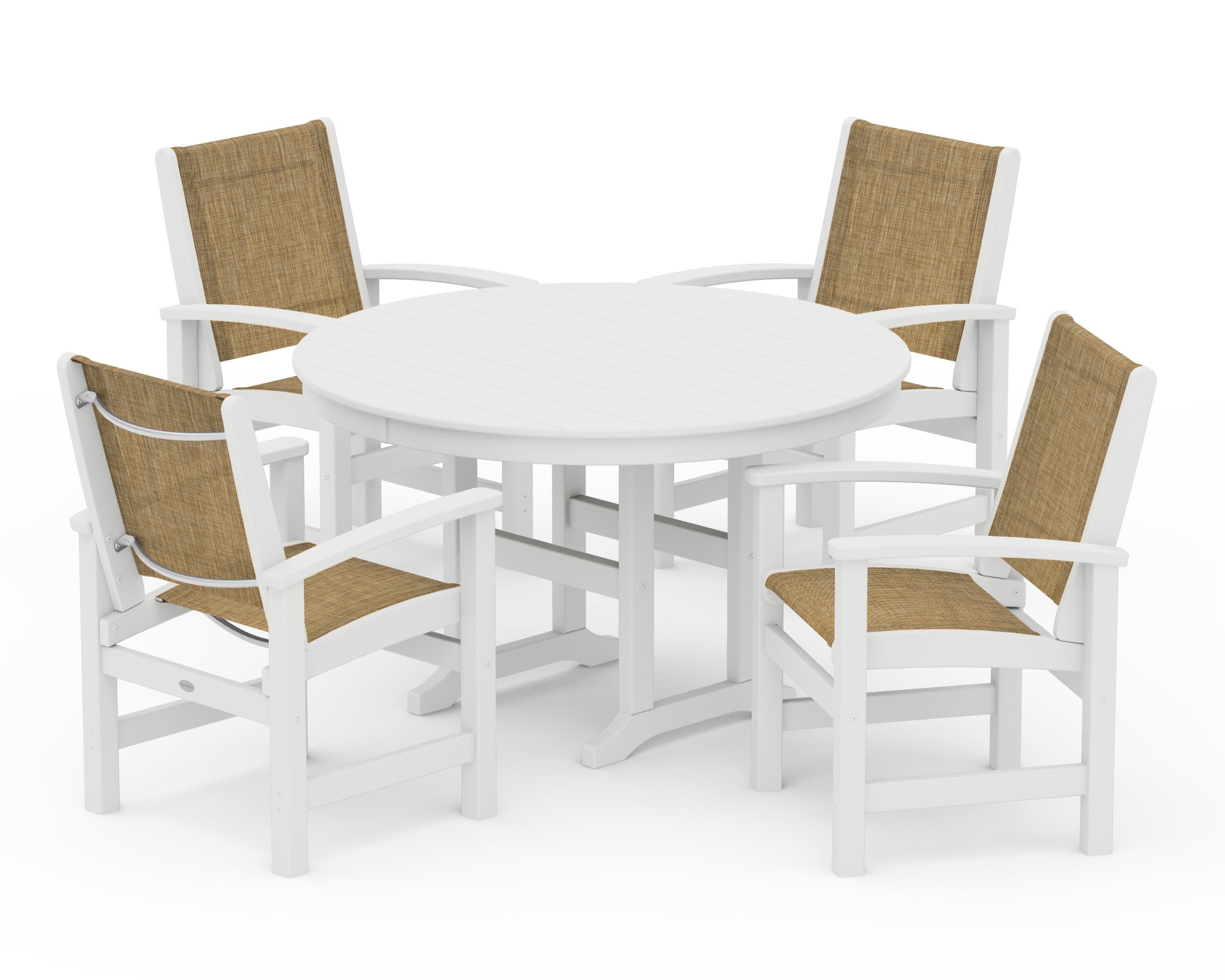 Coastal 5-Piece Round Farmhouse Dining Set in White / Burlap Sling