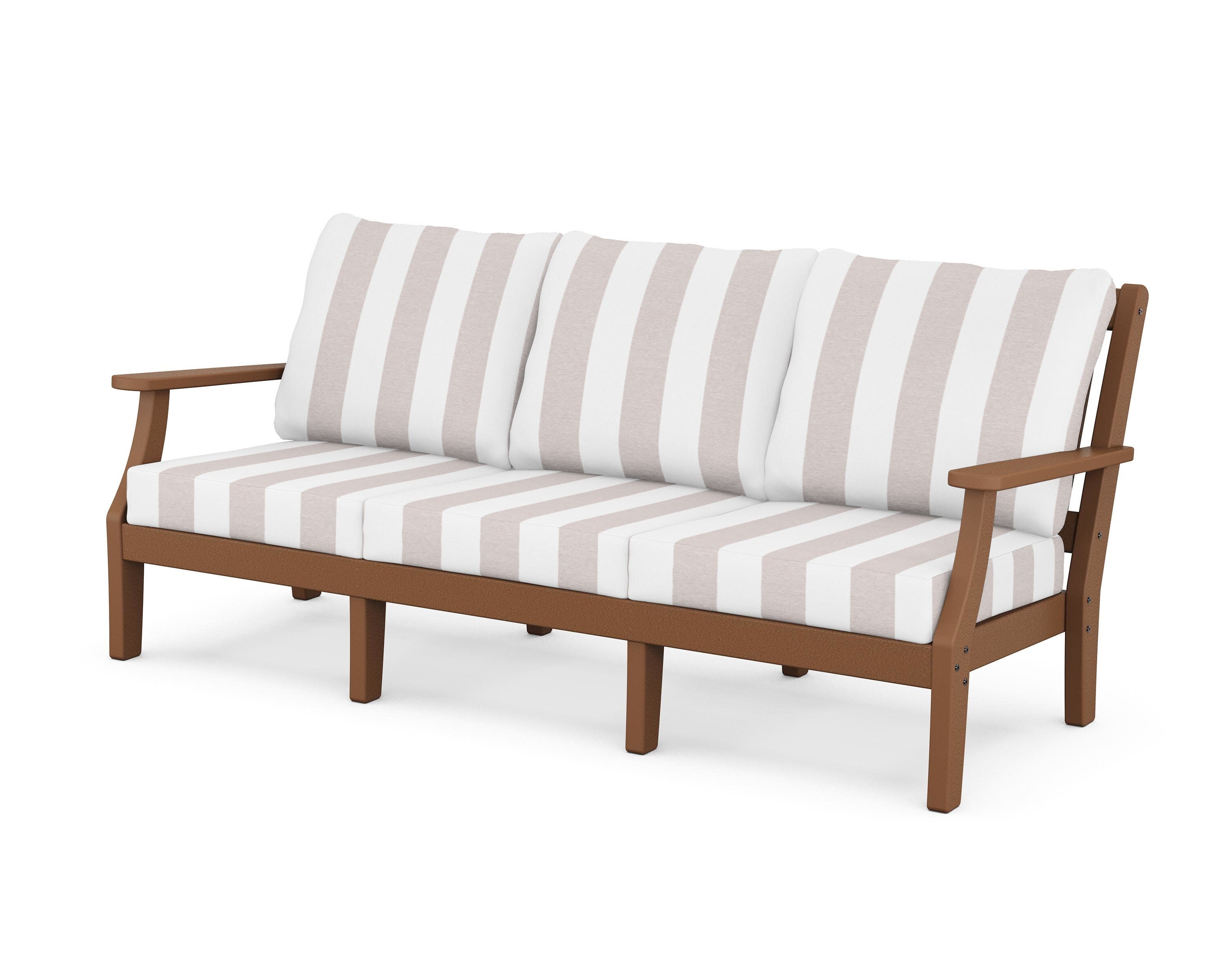 Chinoiserie Deep Seating Sofa in Teak / Cabana Stripe Dune Burlap