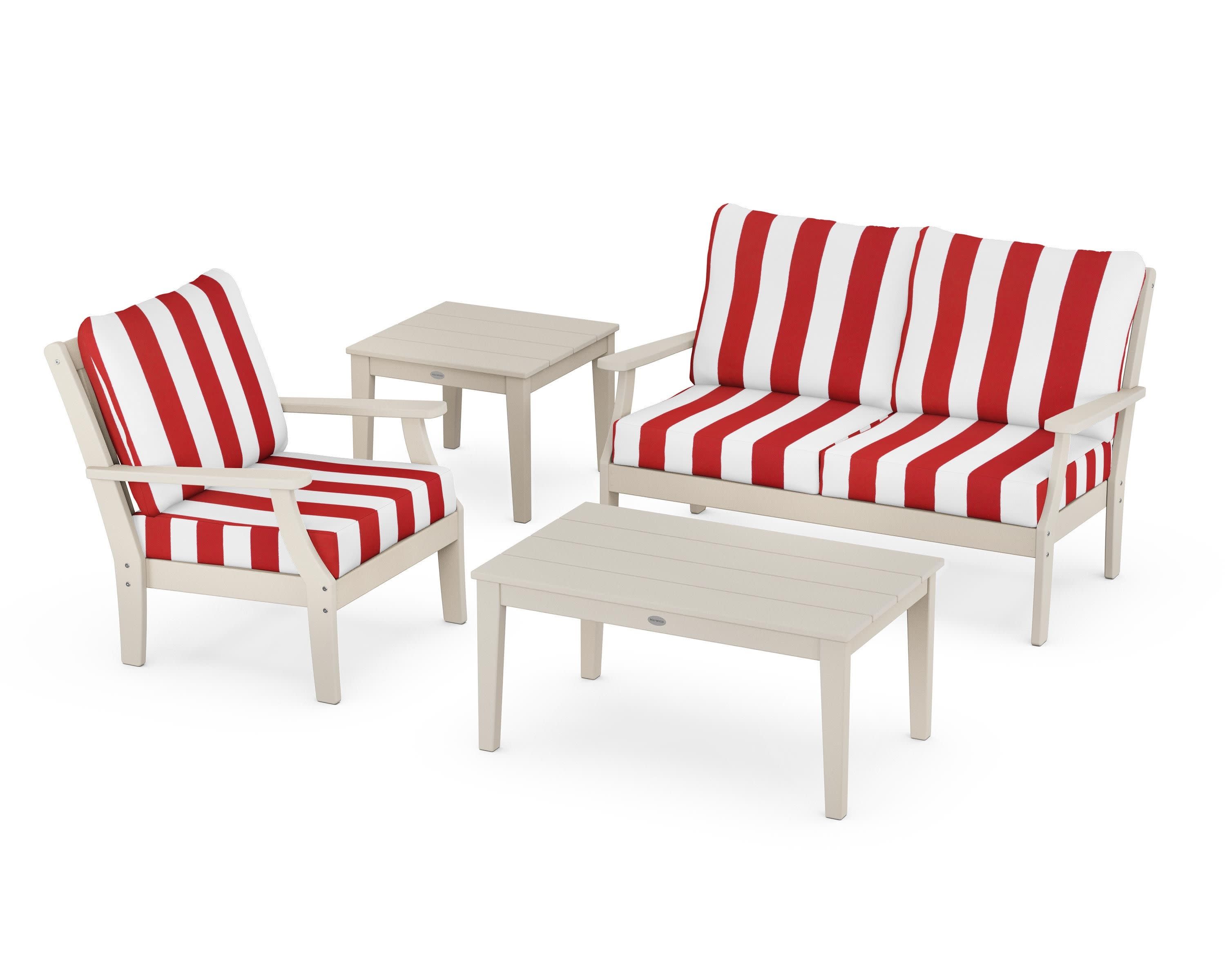 Braxton 4-Piece Deep Seating Set in Sand / Cabana Stripe Crimson