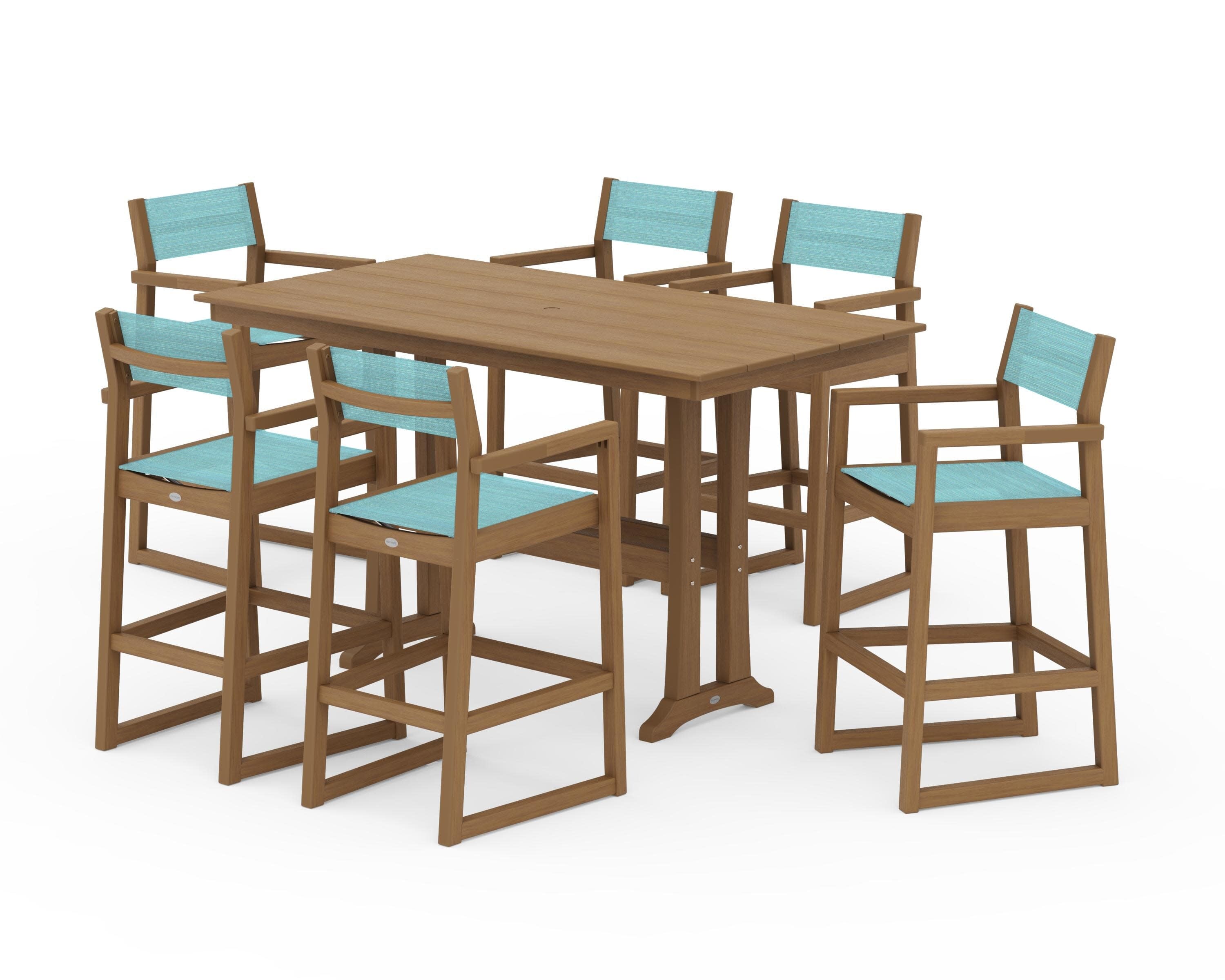 EDGE Sling Arm Chair 7-Piece Farmhouse Bar Set with Trestle Legs in Natural / Dupioni Aquamarine Sling