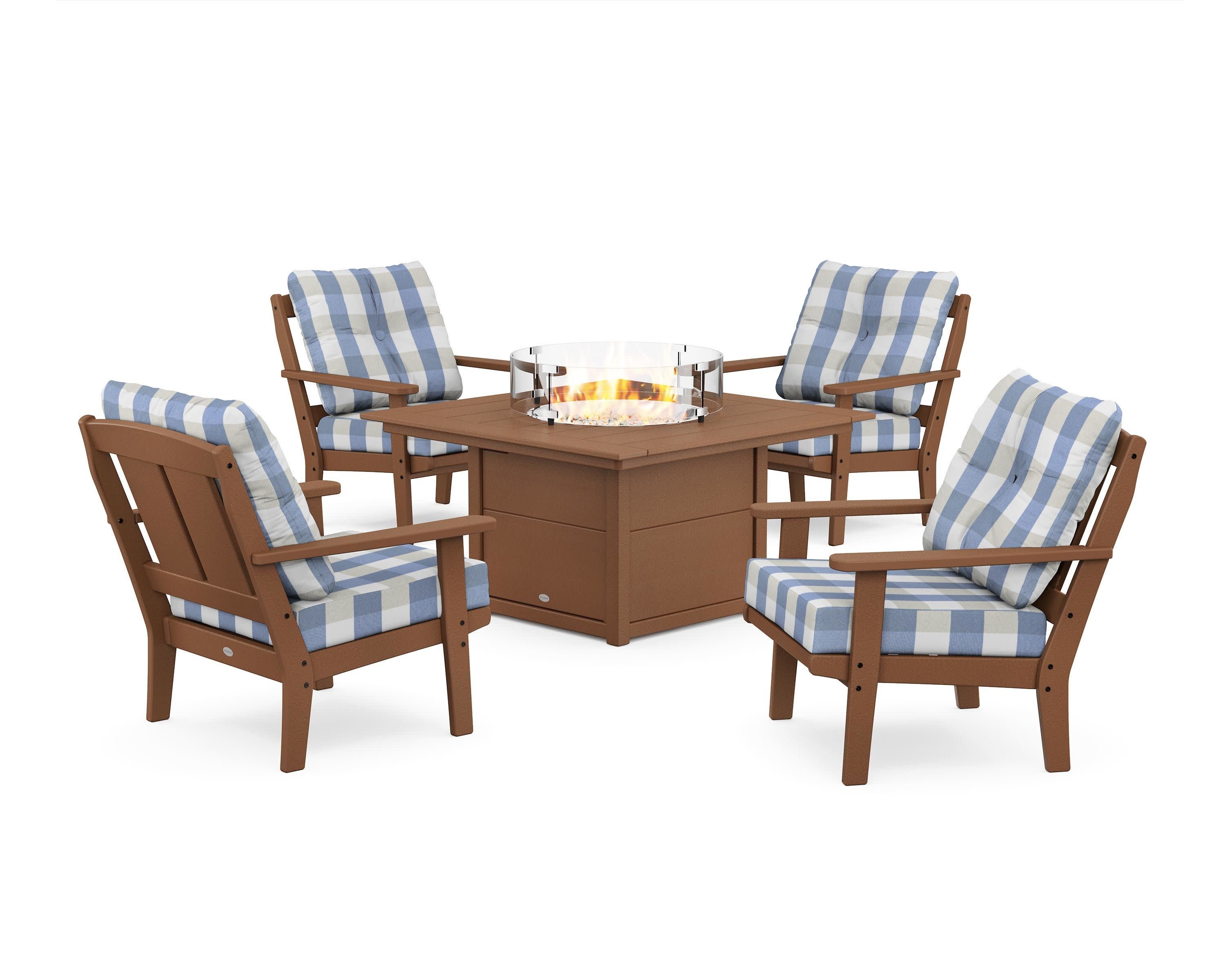 Mission 5-Piece Deep Seating Set with Fire Pit Table in Teak / Buffalo Plaid Sky Blue