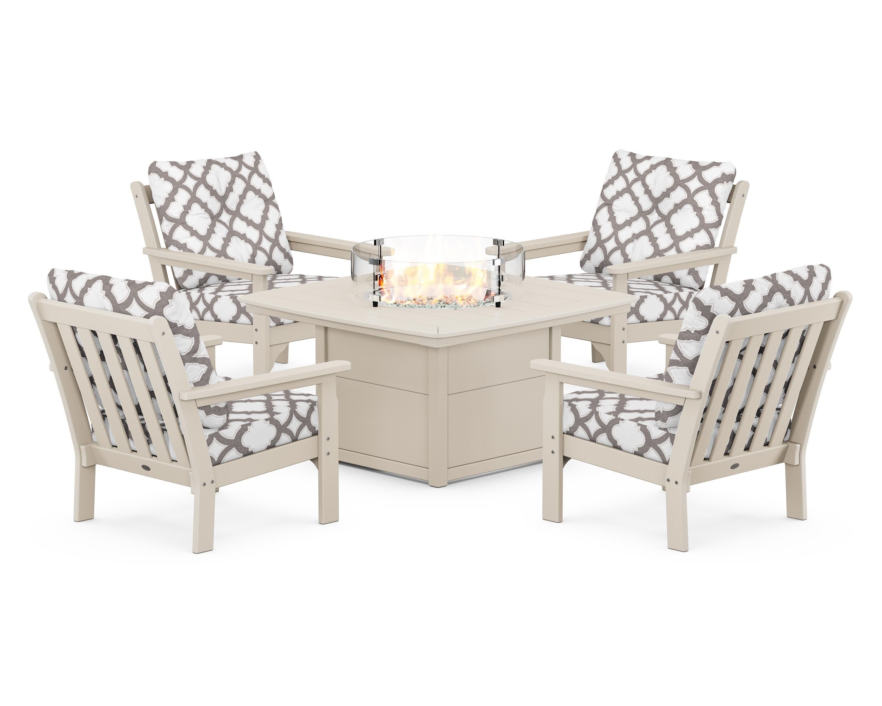 Vineyard 5-Piece Conversation Set with Fire Pit Table in Sand / Trellis Grey Mist