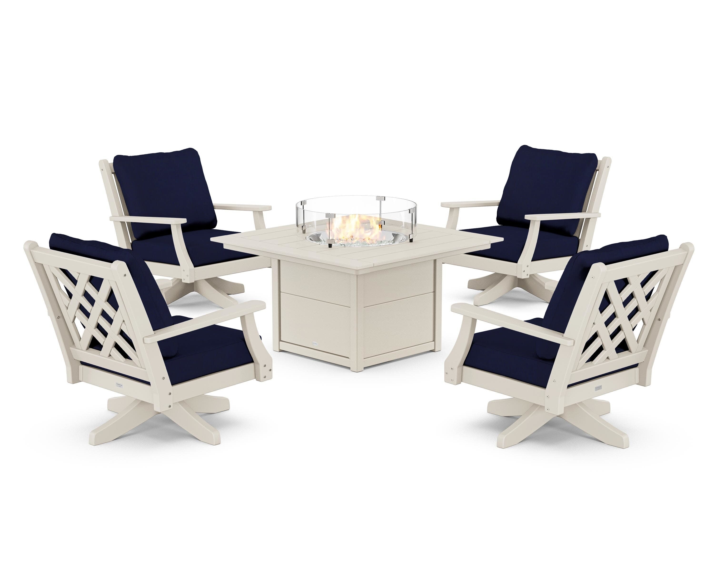 Wovendale 5-Piece Deep Seating Swivel Conversation Set with Fire Pit Table in Sand / Navy