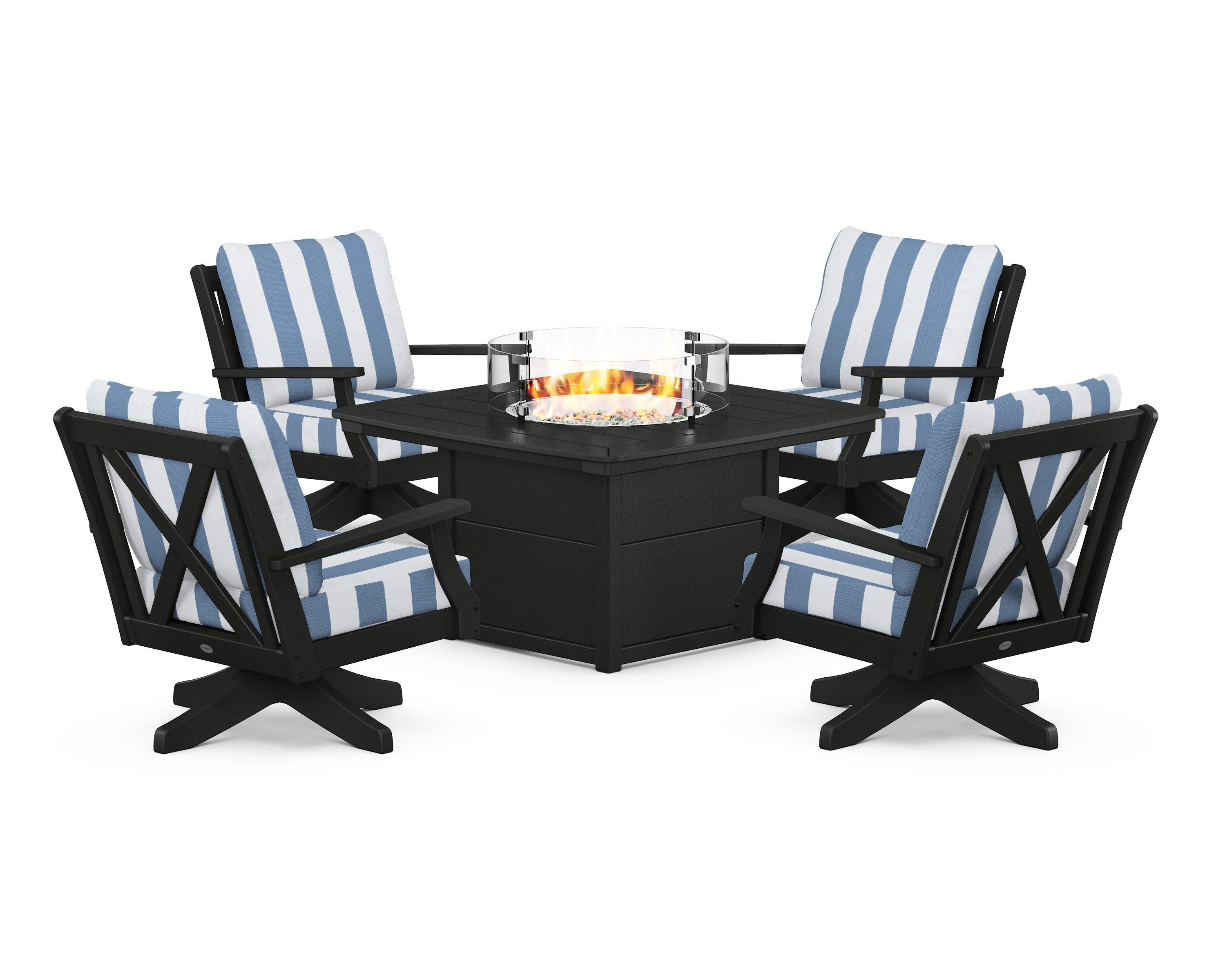 Braxton 5-Piece Deep Seating Swivel Conversation Set with Fire Pit Table in Black / Cabana Stripe Sky Blue
