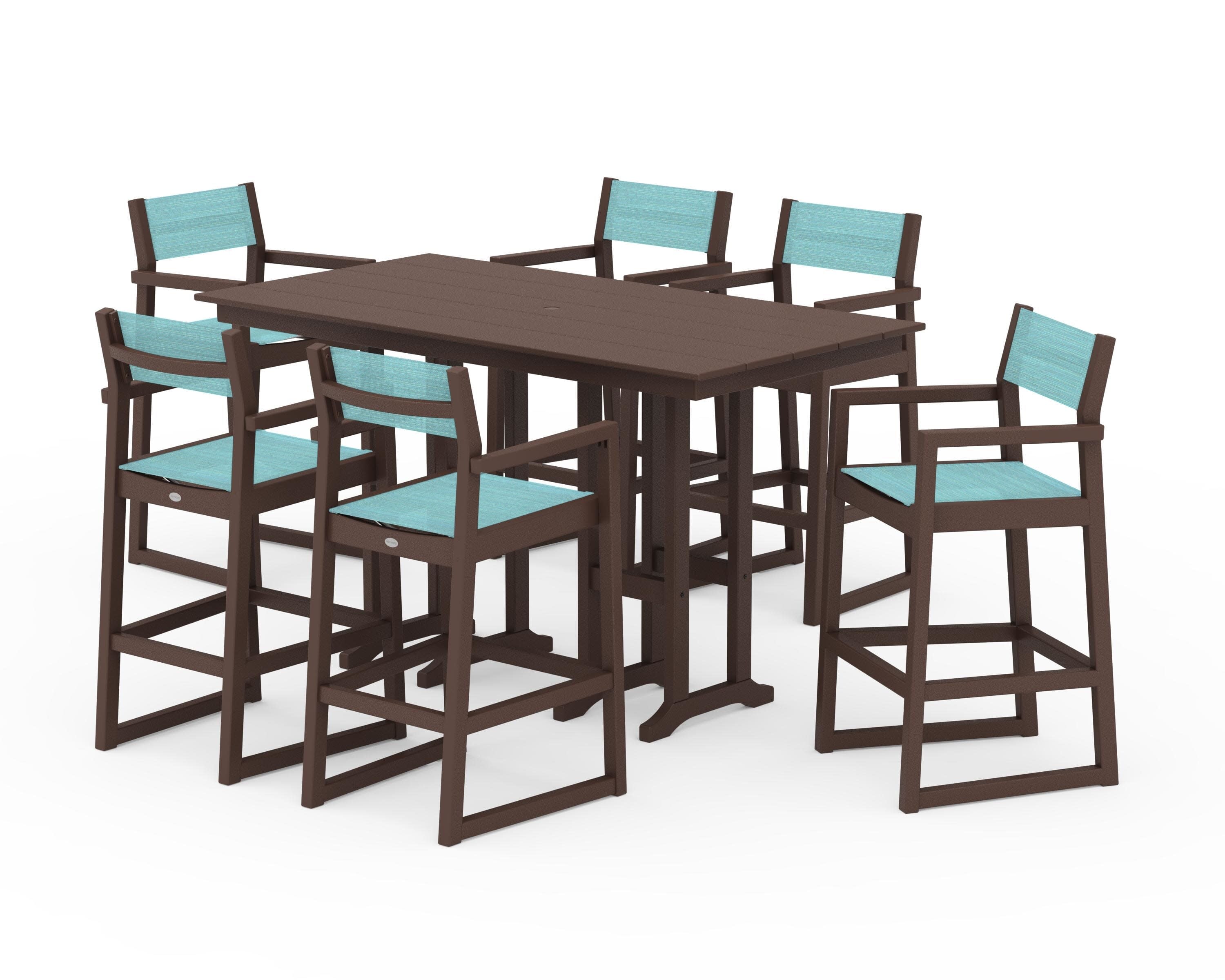 EDGE Sling Arm Chair 7-Piece Farmhouse Bar Set in Mahogany / Dupioni Aquamarine Sling
