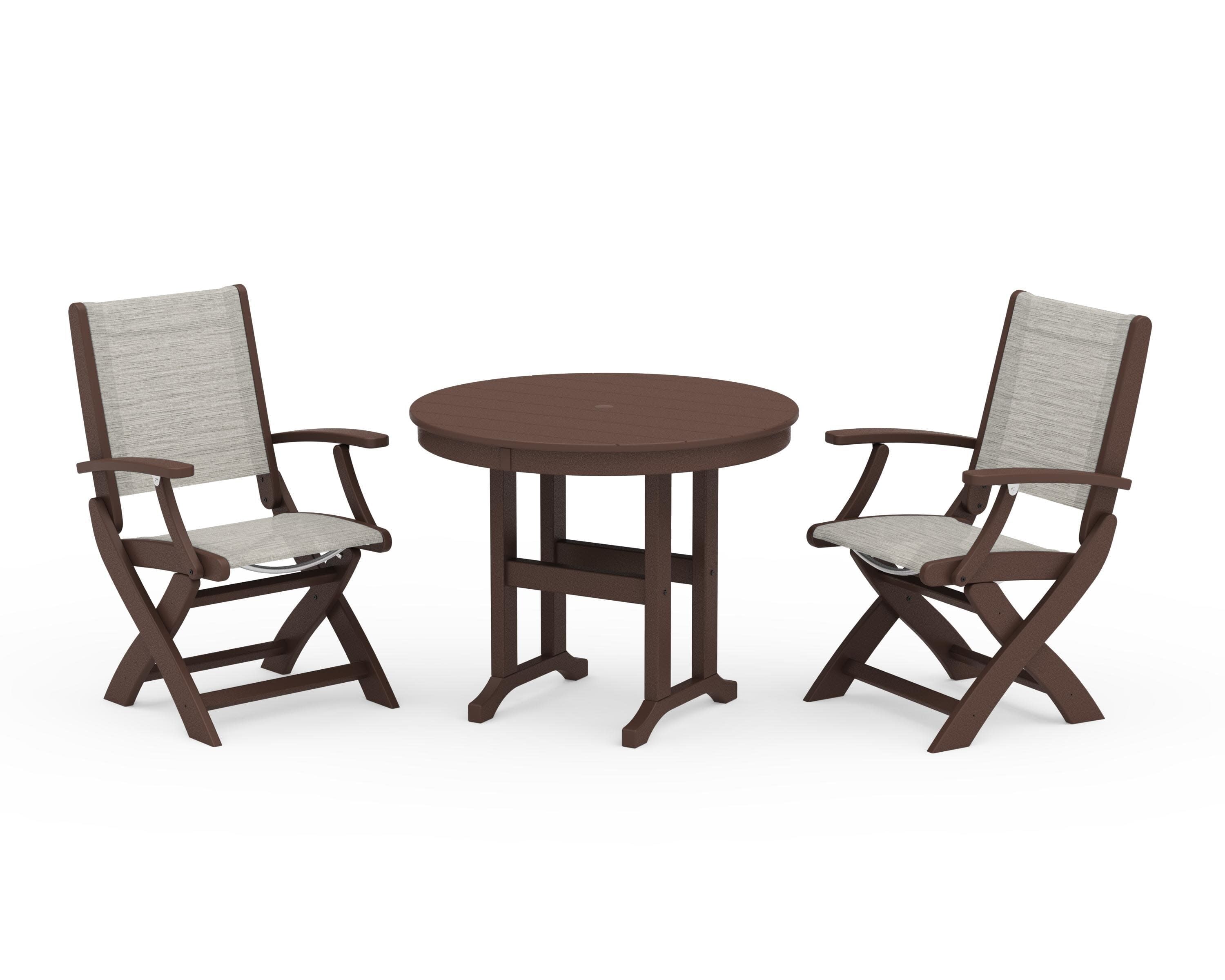 Coastal Folding Chair 3-Piece Round Dining Set in Mahogany / Birch Sling