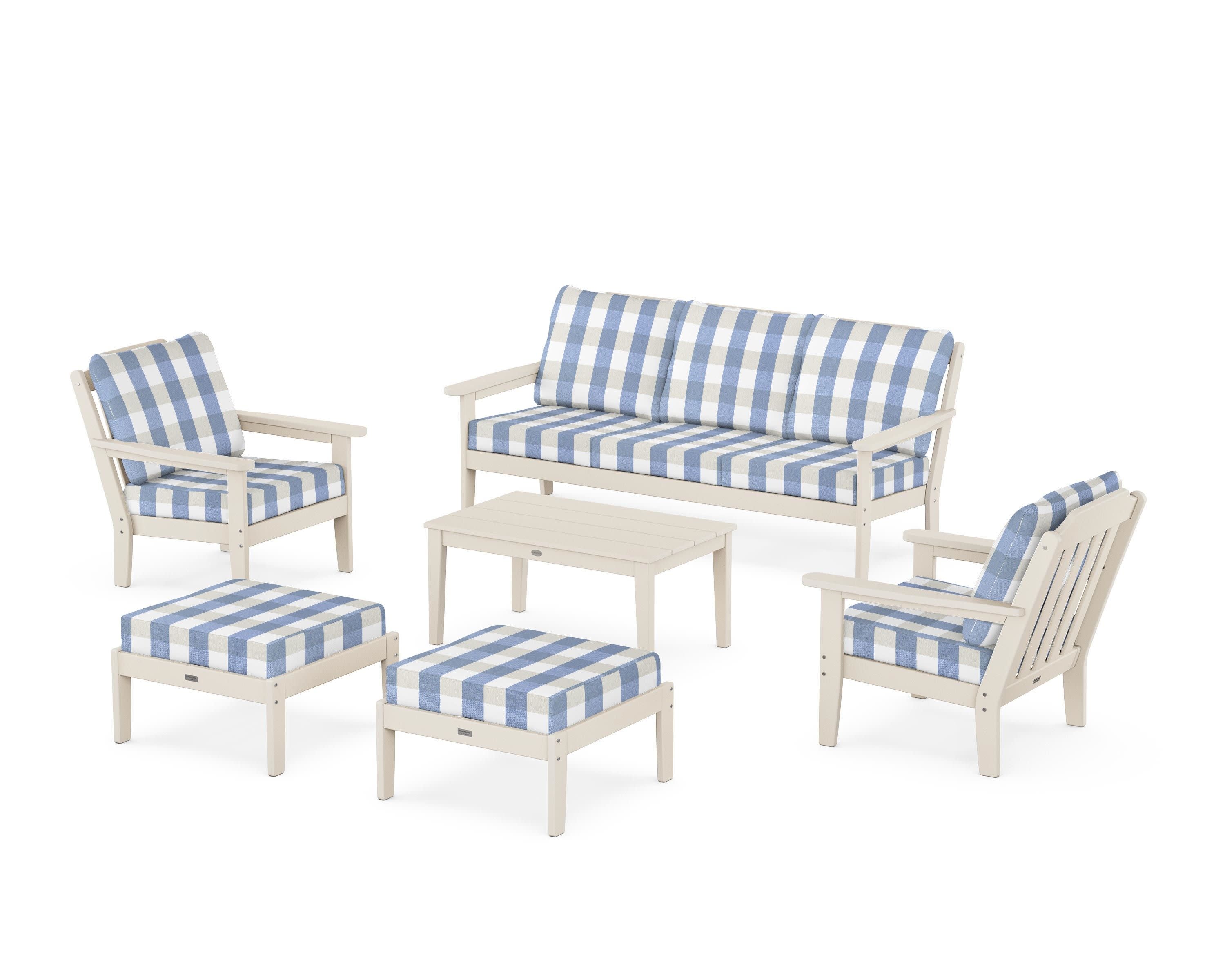 Cottage 6-Piece Lounge Sofa Set in Sand / Buffalo Plaid Sky Blue