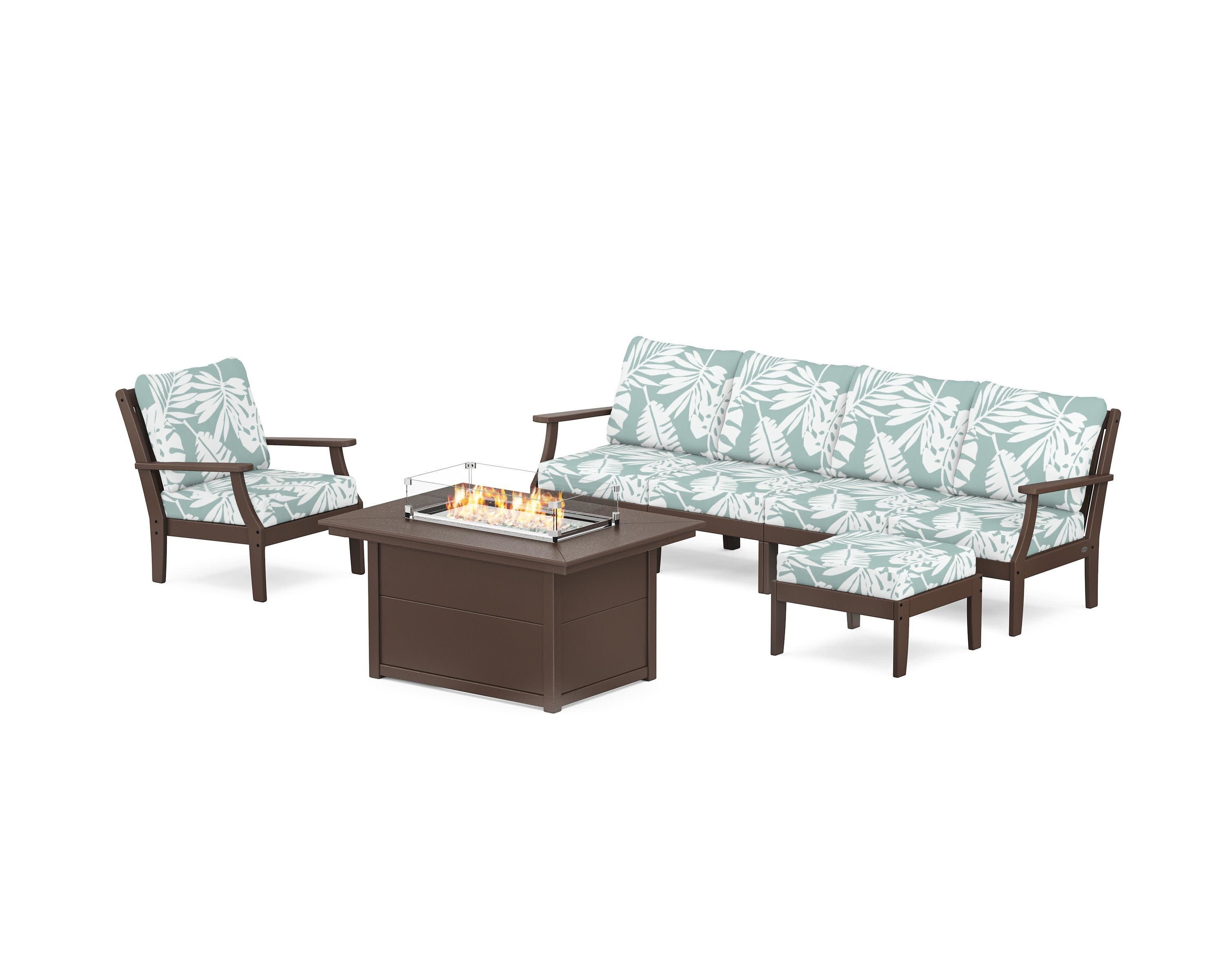 Braxton Sectional Lounge and Fire Pit Set in Mahogany / Leaf Glacier Spa
