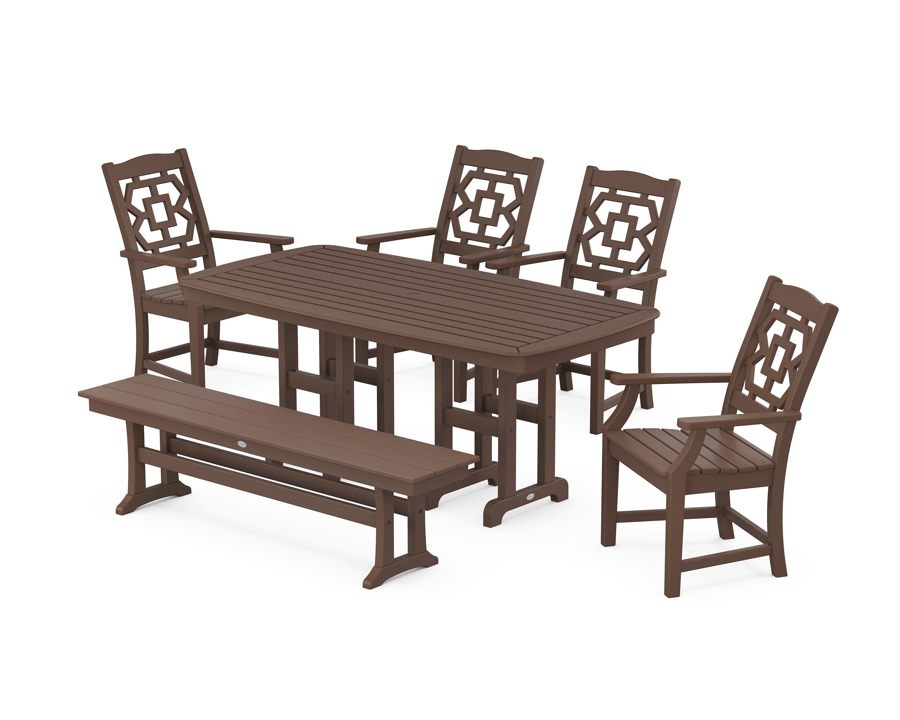 Chinoiserie 6-Piece Dining Set with Bench in Mahogany