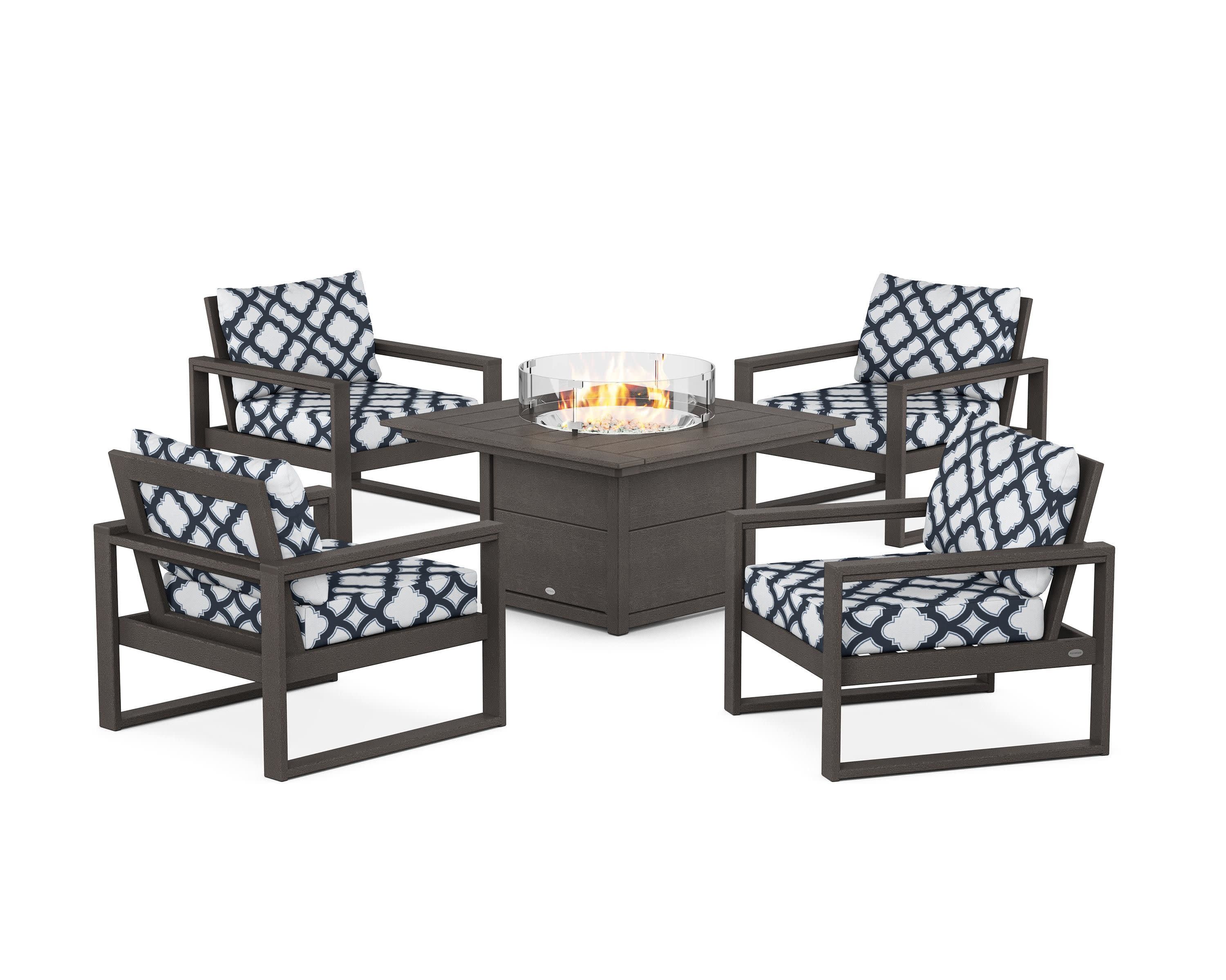 EDGE Sectional 5-Piece Deep Seating Set with Fire Pit Table in Vintage Coffee / Trellis Marine Indigo
