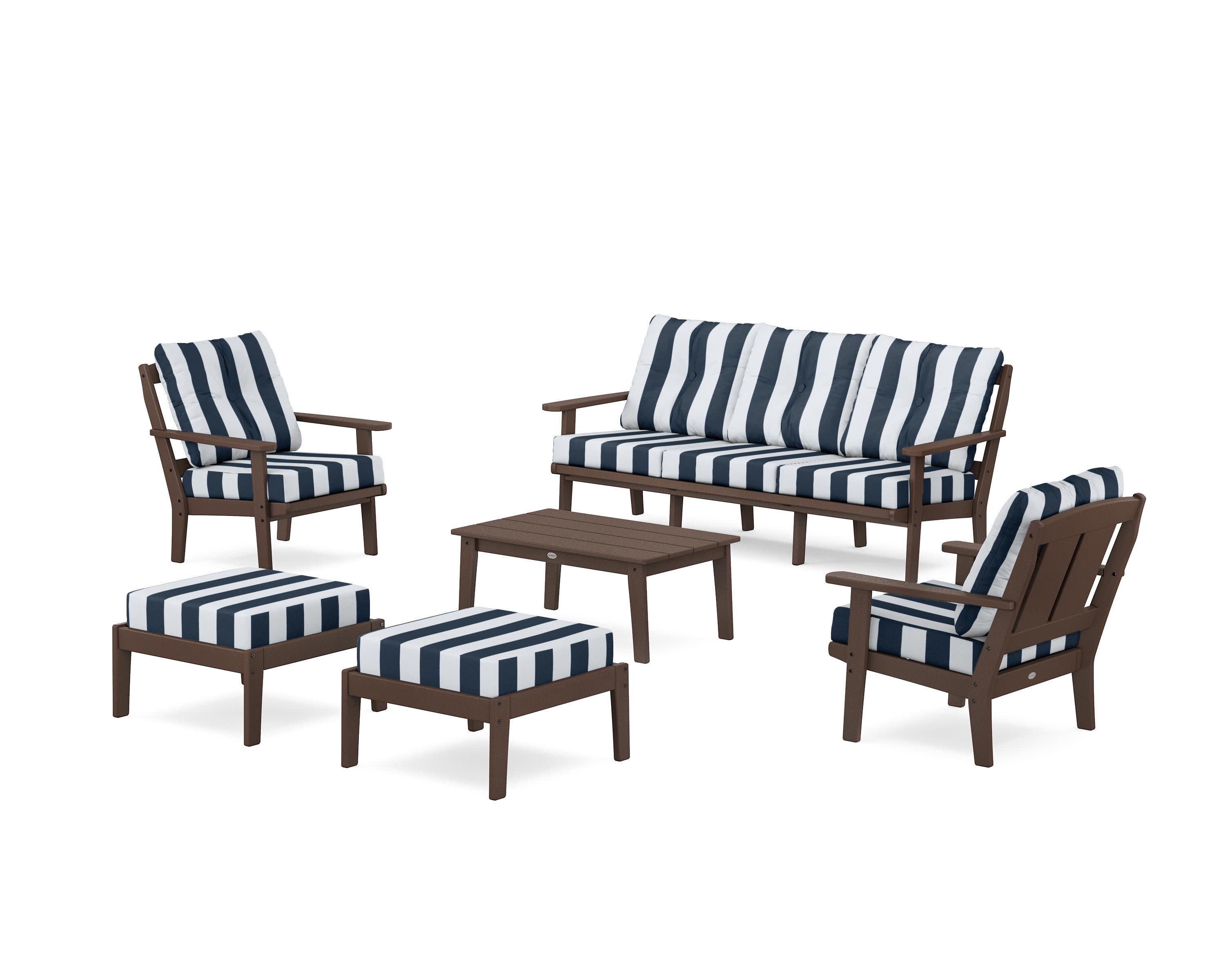 Mission 6-Piece Lounge Sofa Set in Mahogany / Cabana Stripe Marine Indigo