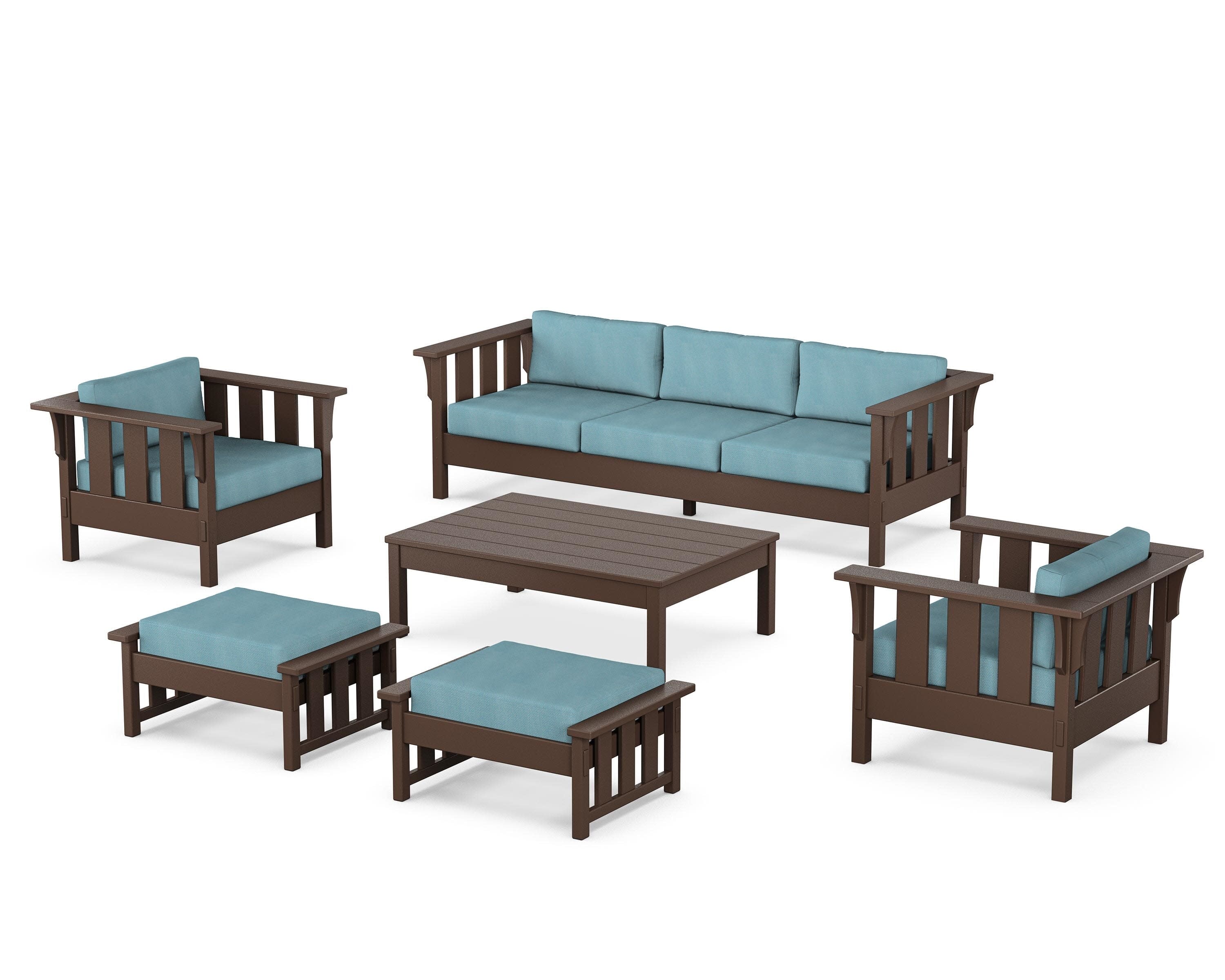 Acadia 6-Piece Lounge Sofa Set in Mahogany / Lattice Sky Blue