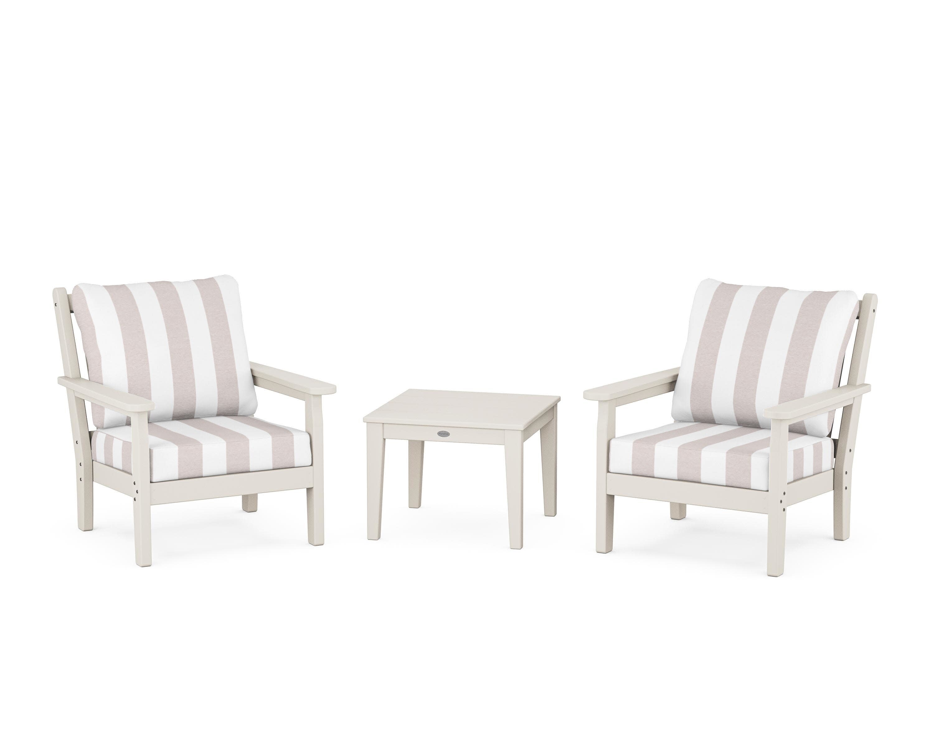Chippendale 3-Piece Deep Seating Set in Sand / Cabana Stripe Dune Burlap