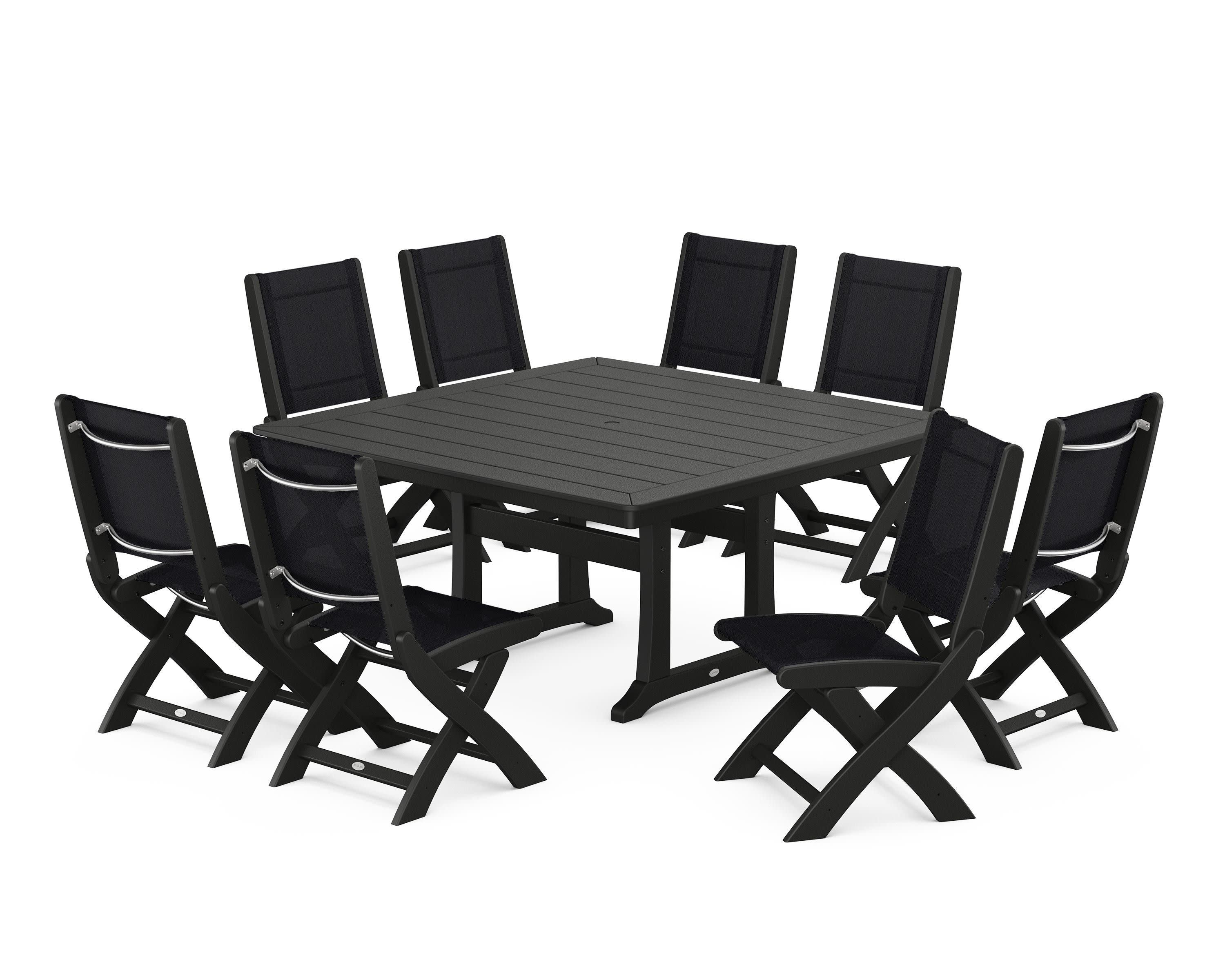 Coastal Folding Side Chair 9-Piece Dining Set with Trestle Legs in Black / Black Sling