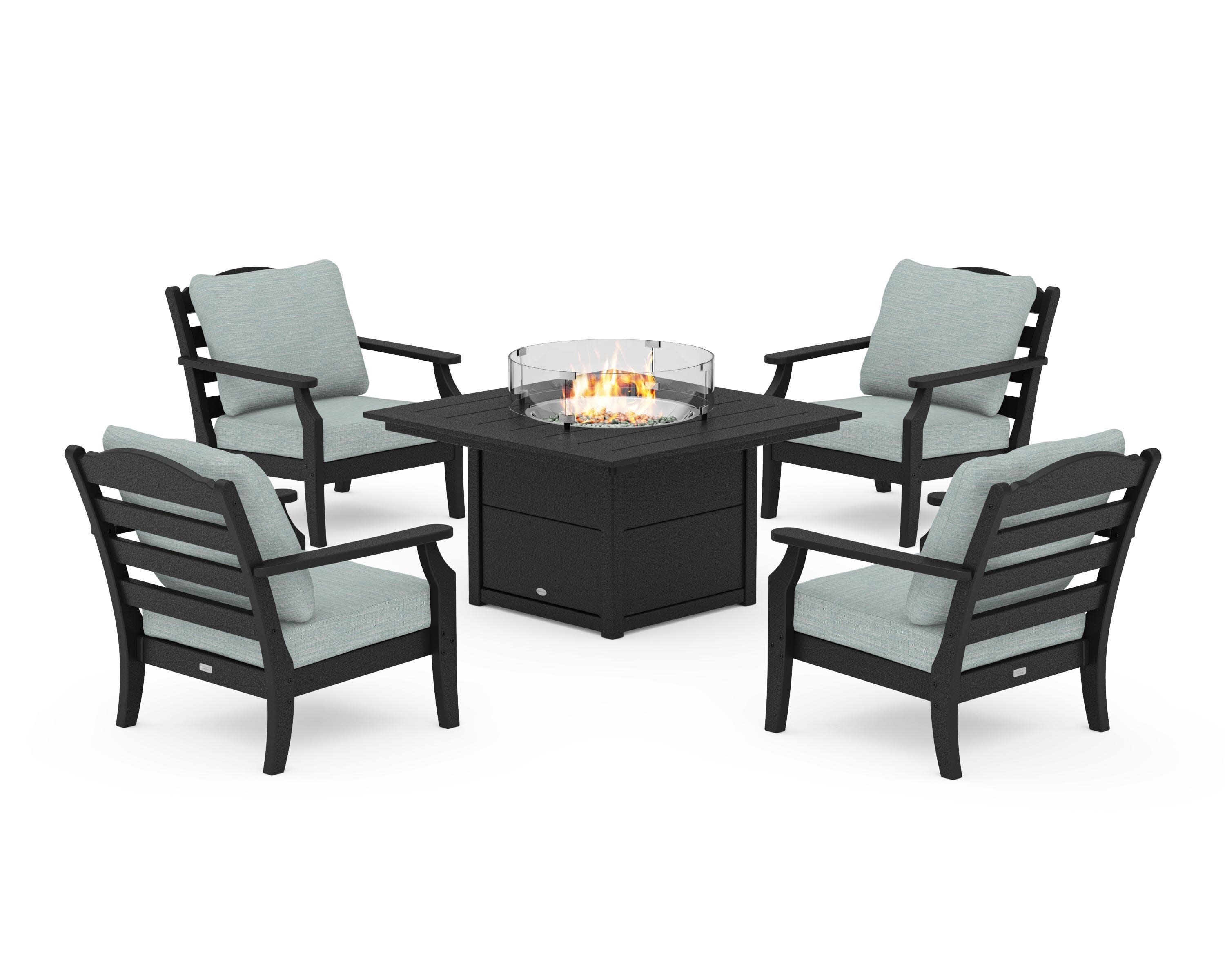 Savannah 5-Piece Deep Seating Set with Fire Pit Table in Black / Soothe Mist