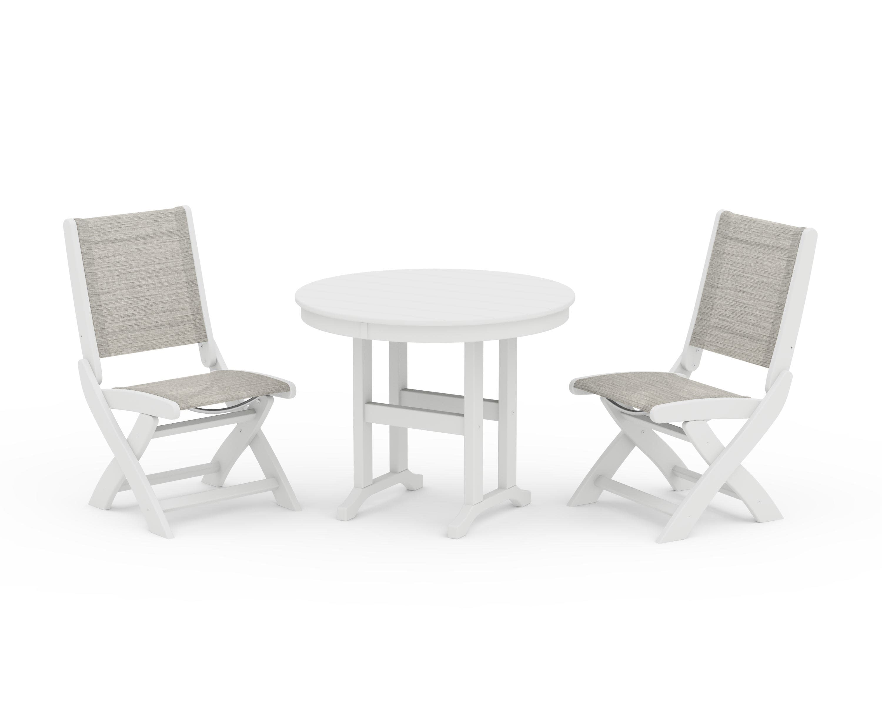 Coastal Folding Side Chair 3-Piece Round Dining Set in White / Birch Sling