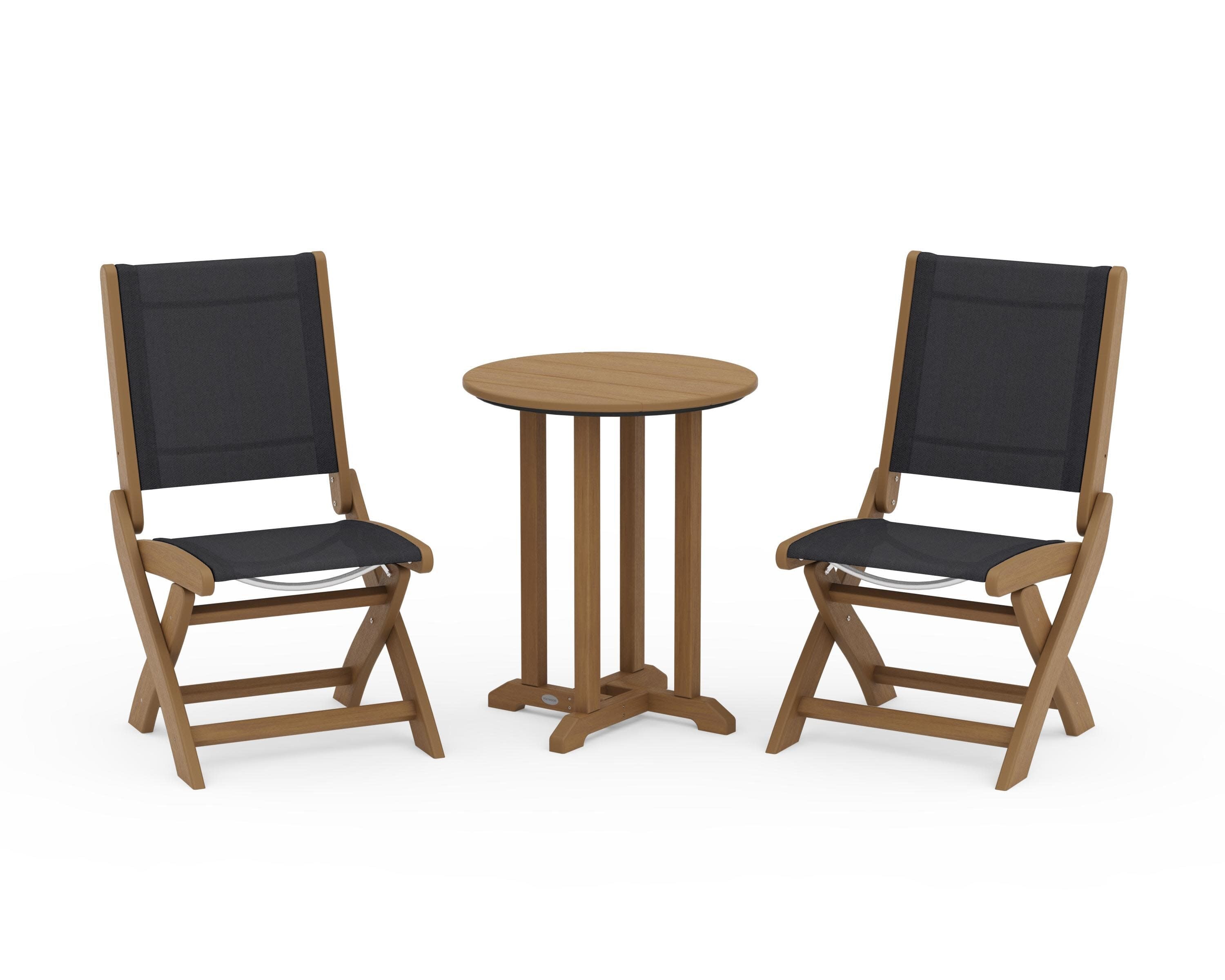 Coastal Folding Side Chair 3-Piece Round Bistro Dining Set in Natural / Black Sling