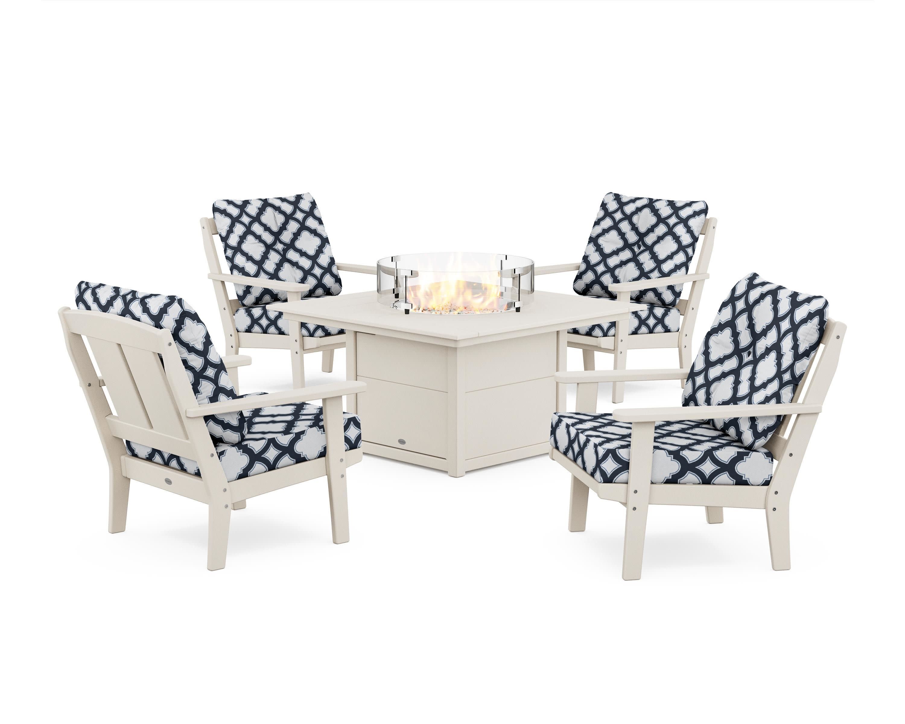 Mission 5-Piece Deep Seating Set with Fire Pit Table in Sand / Trellis Marine Indigo