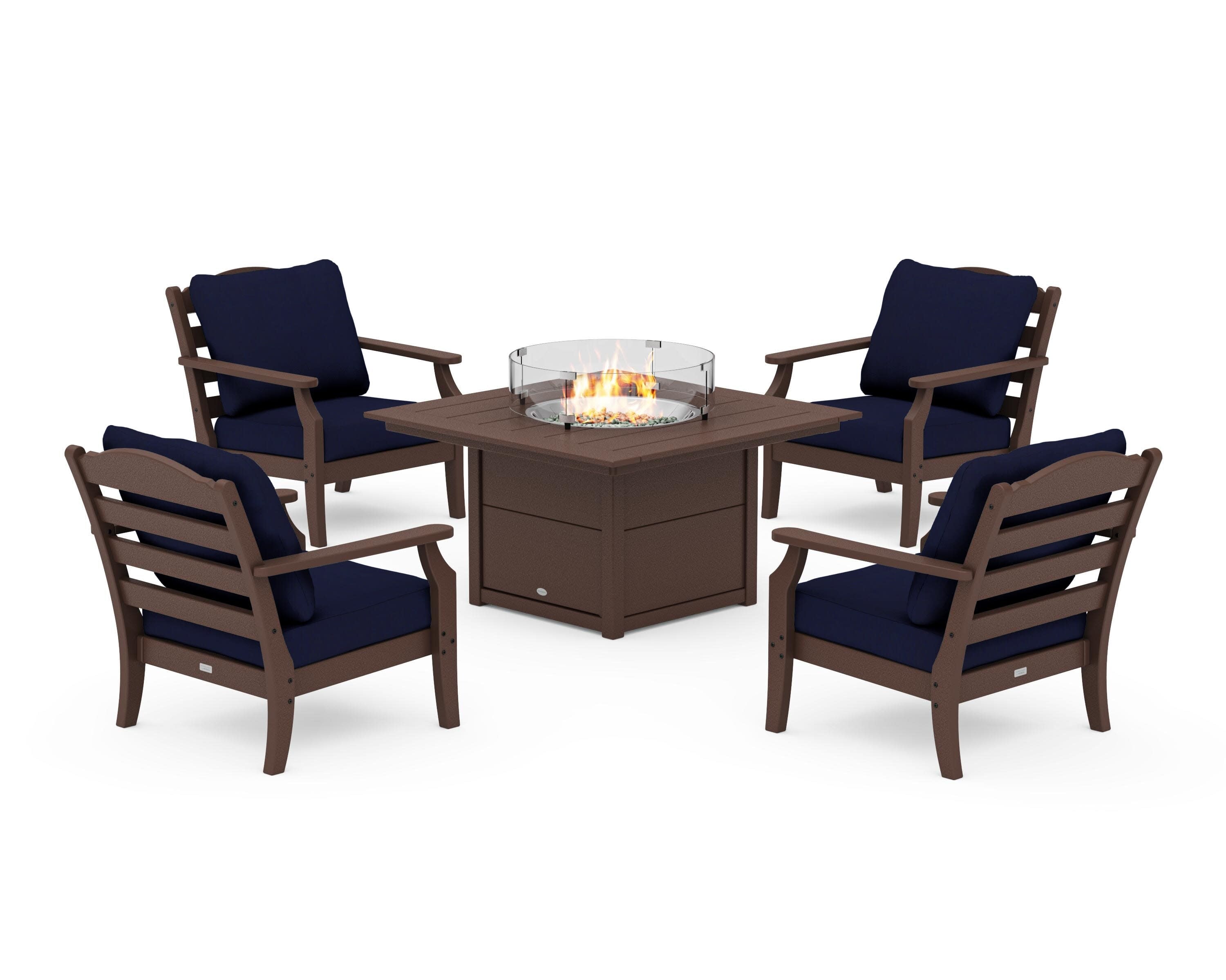Savannah 5-Piece Deep Seating Set with Fire Pit Table in Mahogany / Navy