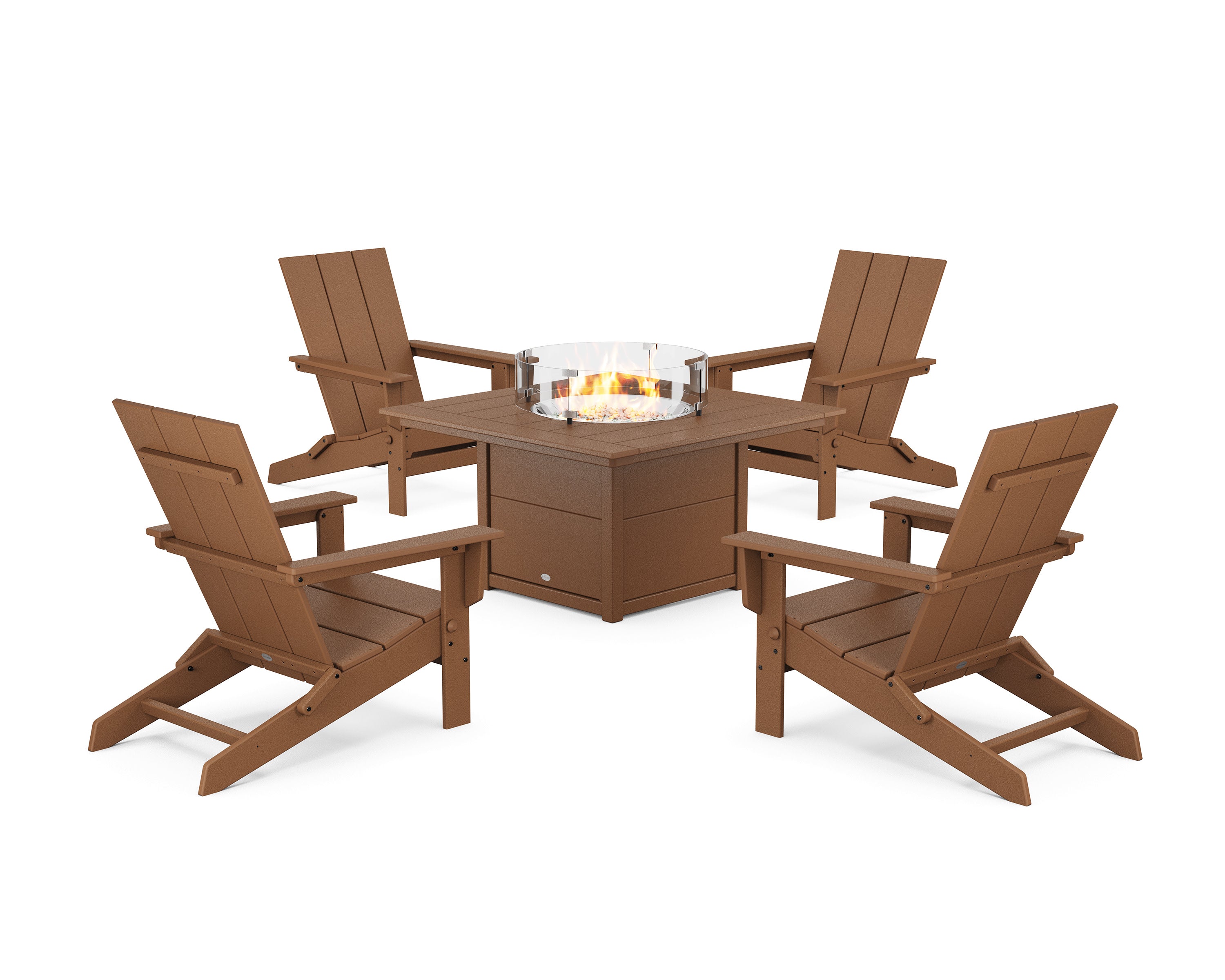 5-Piece Modern Studio Folding Adirondack Conversation Set with Fire Pit Table in Teak