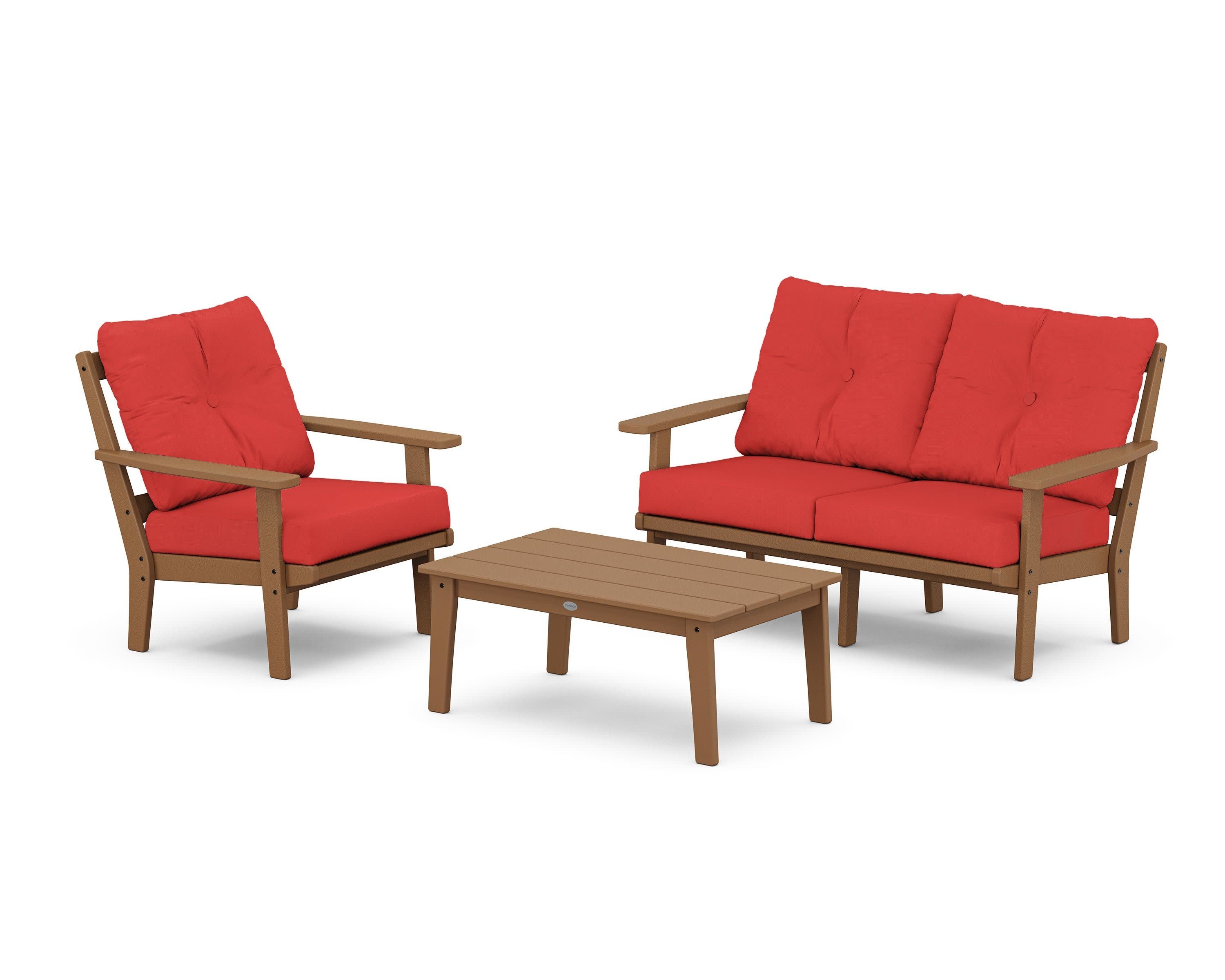 Oxford 3-Piece Deep Seating Set with Loveseat in Teak / Crimson Linen