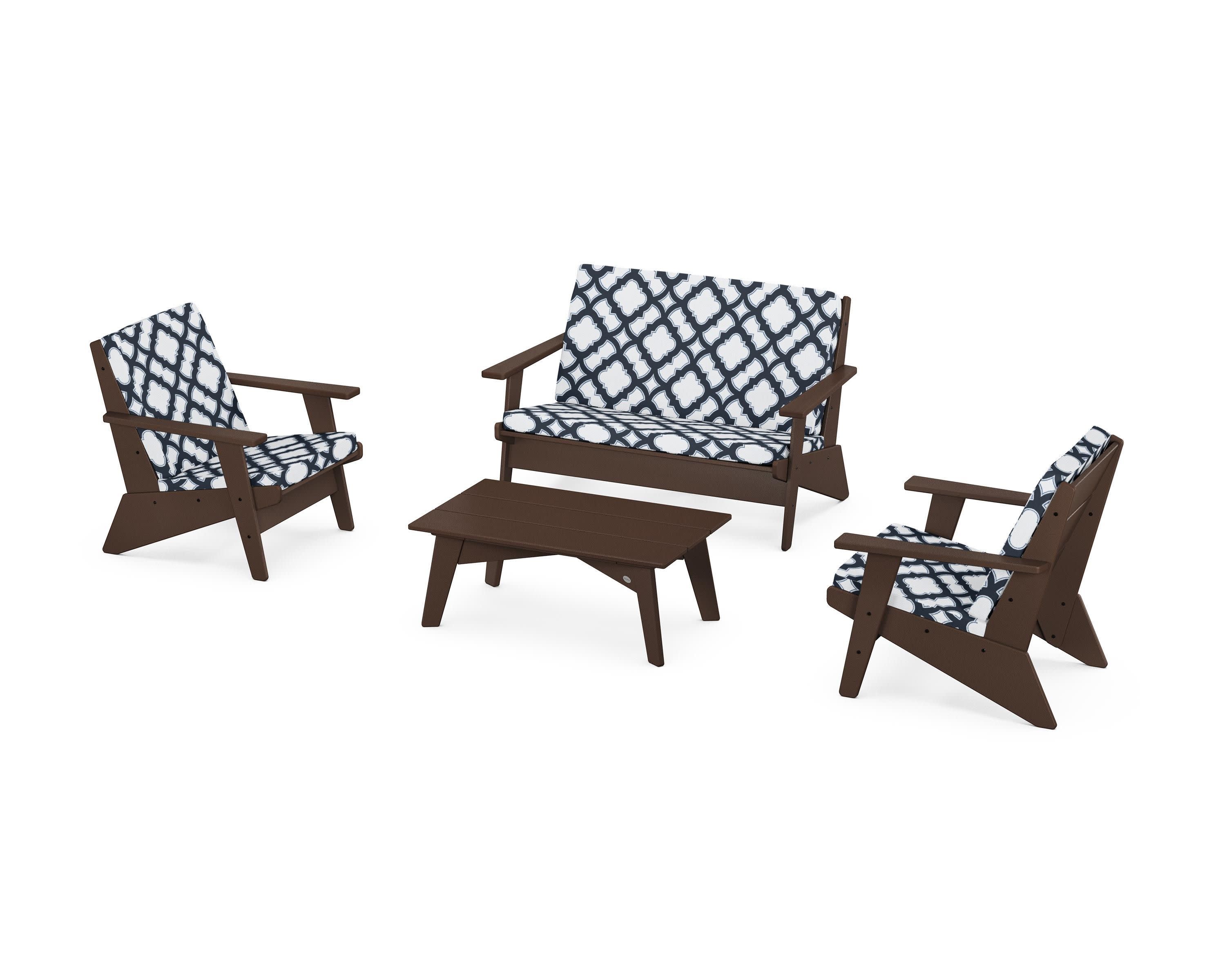 Riviera Modern Lounge 4-Piece Set in Mahogany / Trellis Marine Indigo