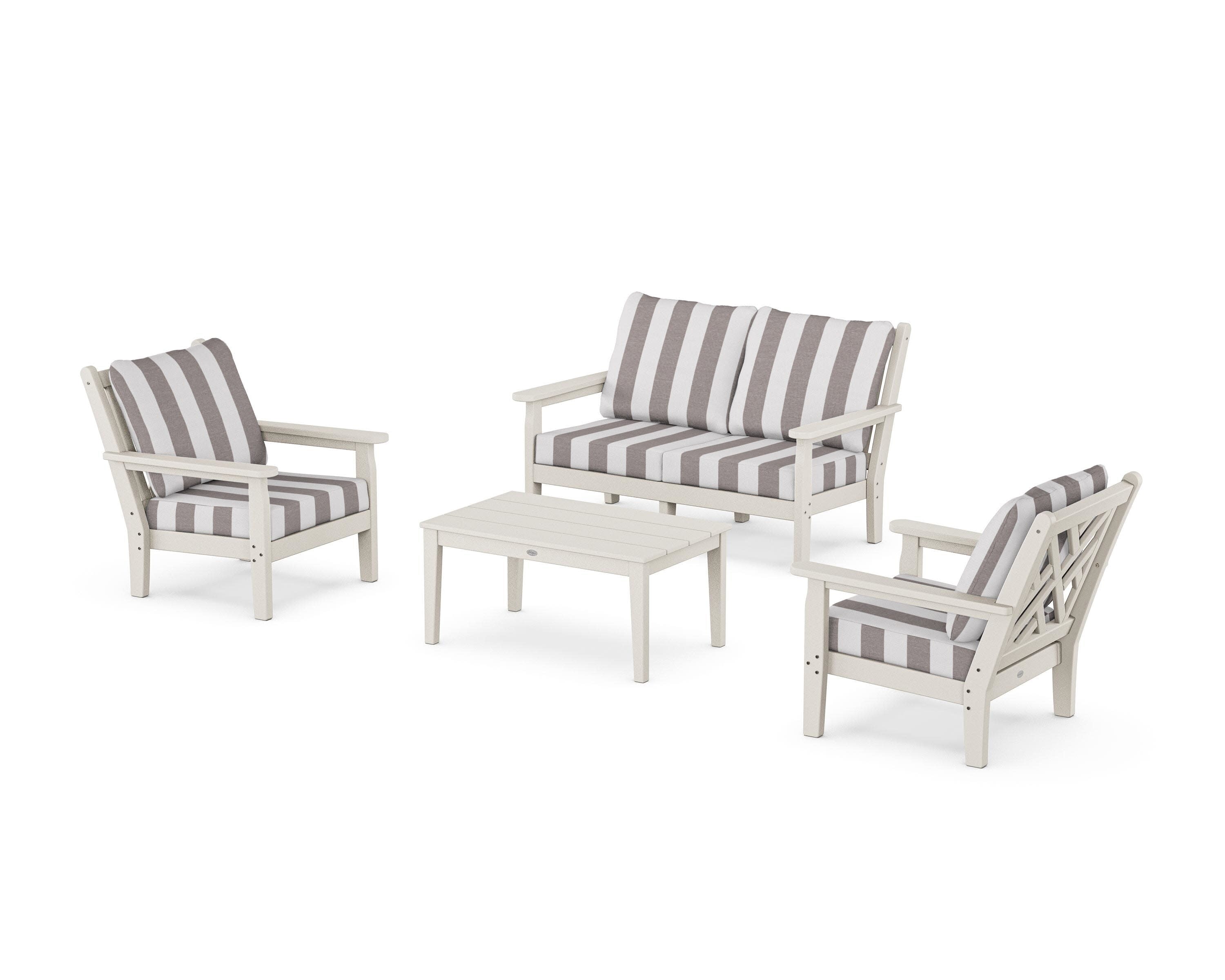 Chippendale 4-Piece Deep Seating Set with Loveseat in Sand / Cabana Stripe Grey Mist