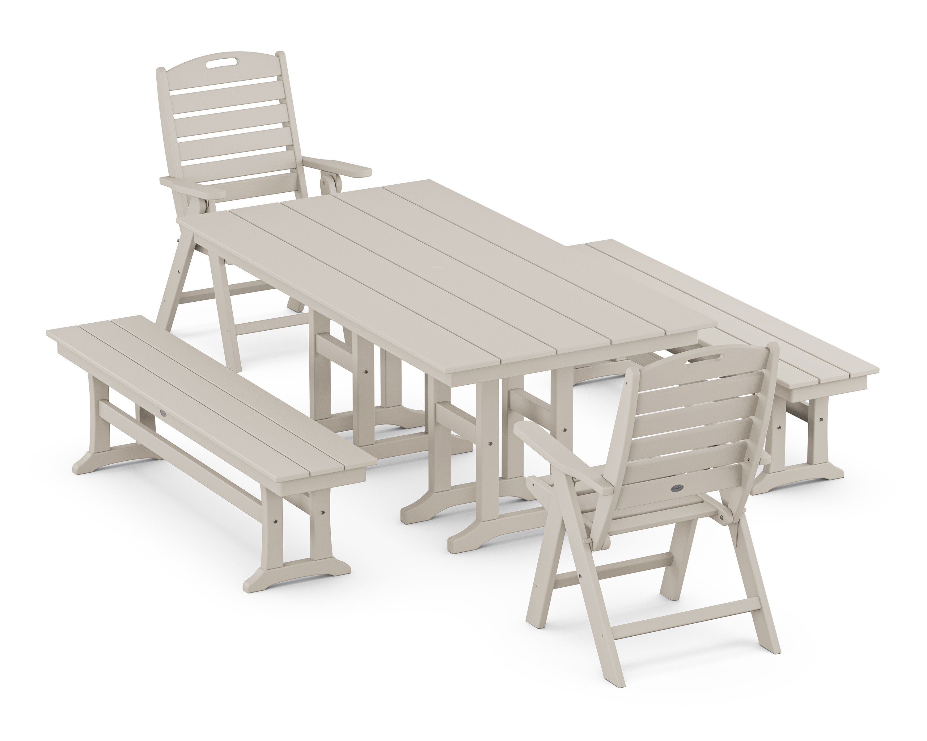 Nautical Highback 5-Piece Farmhouse Dining Set with Benches in Sand