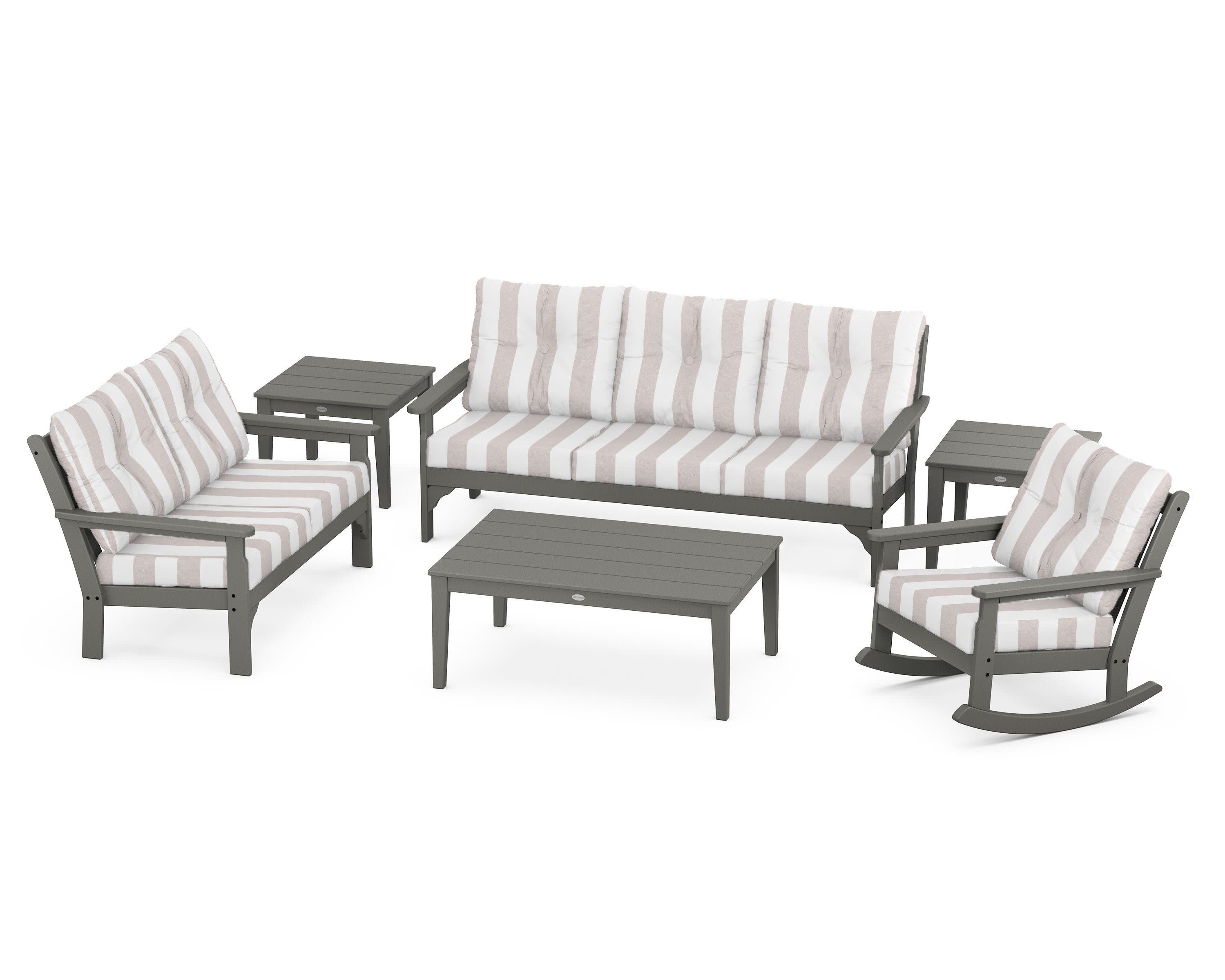 Vineyard 6-Piece Deep Seating Set in Slate Grey / Cabana Stripe Dune Burlap