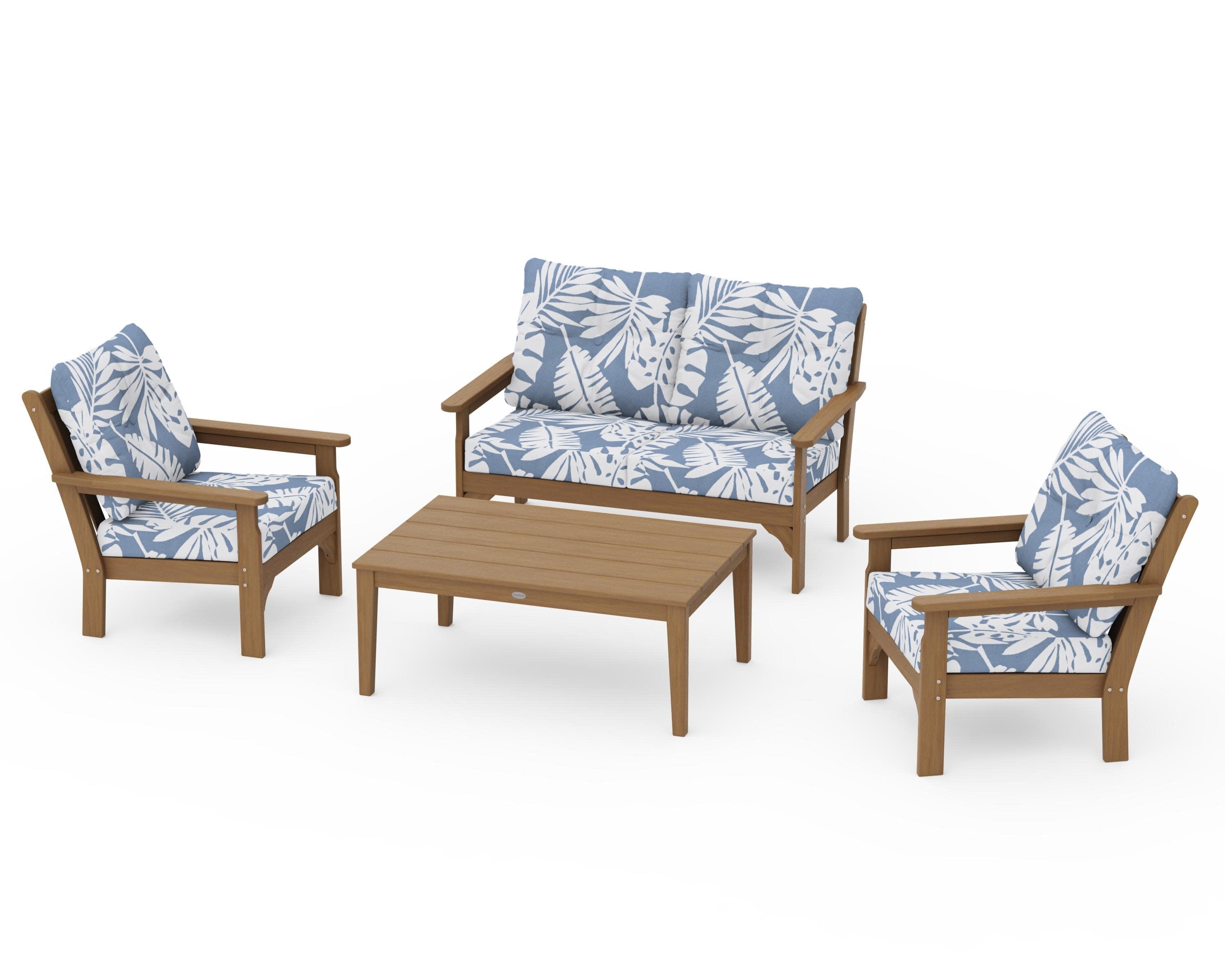 Vineyard 4-Piece Deep Seating Set in Natural / Leaf Sky Blue
